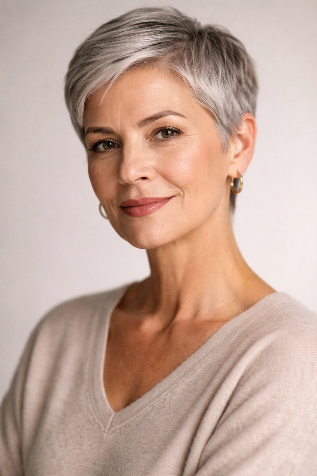 Portrait of a mature person with a short haircut and gray temples