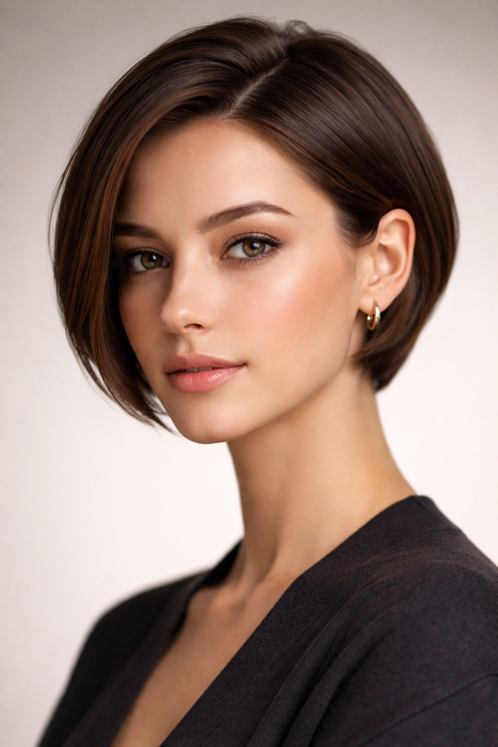 Close-up portrait of a person with short hair tucked behind the ears, polished and stylish
