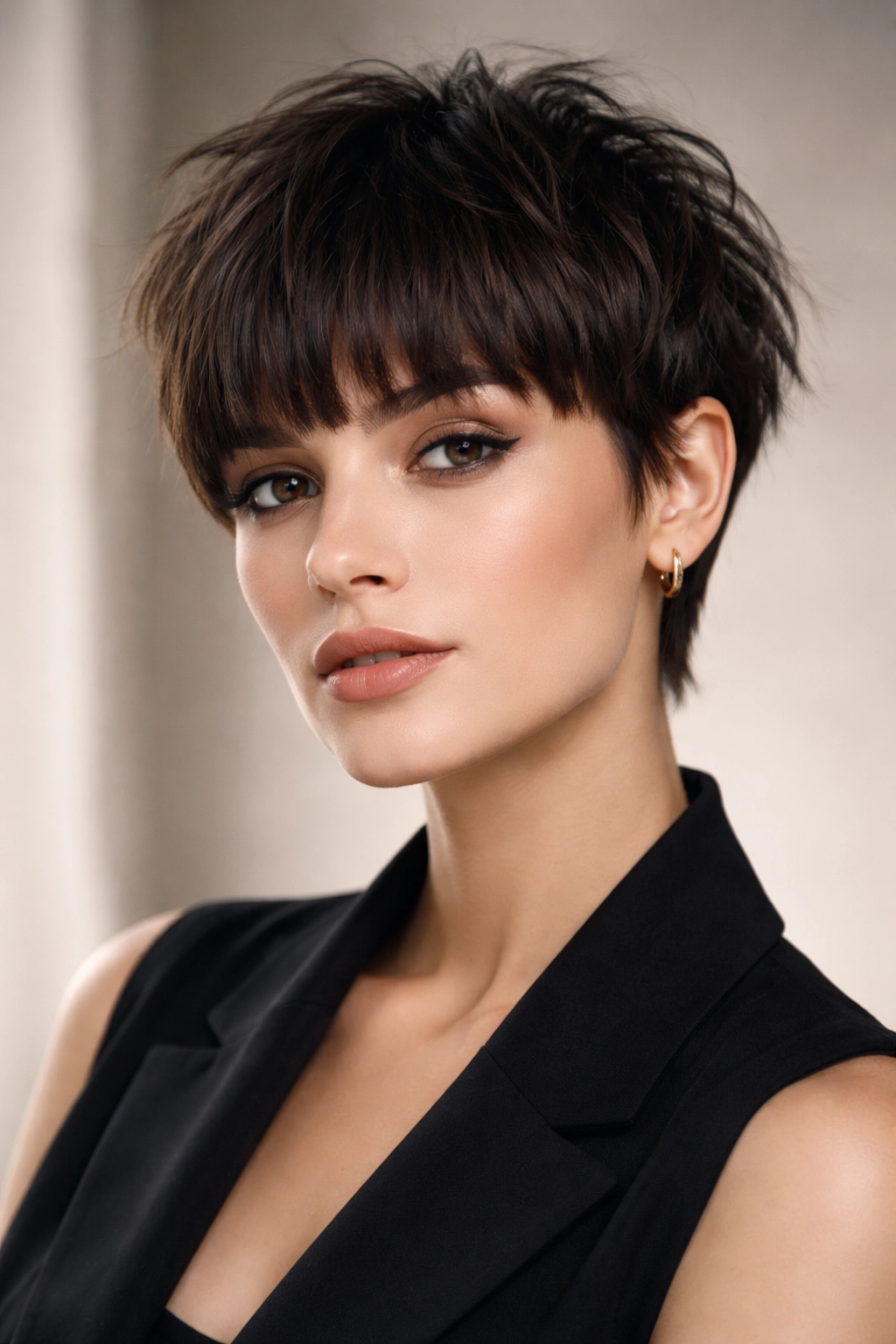 Close-up portrait of a person with a short tousled crop and thick blunt fringe