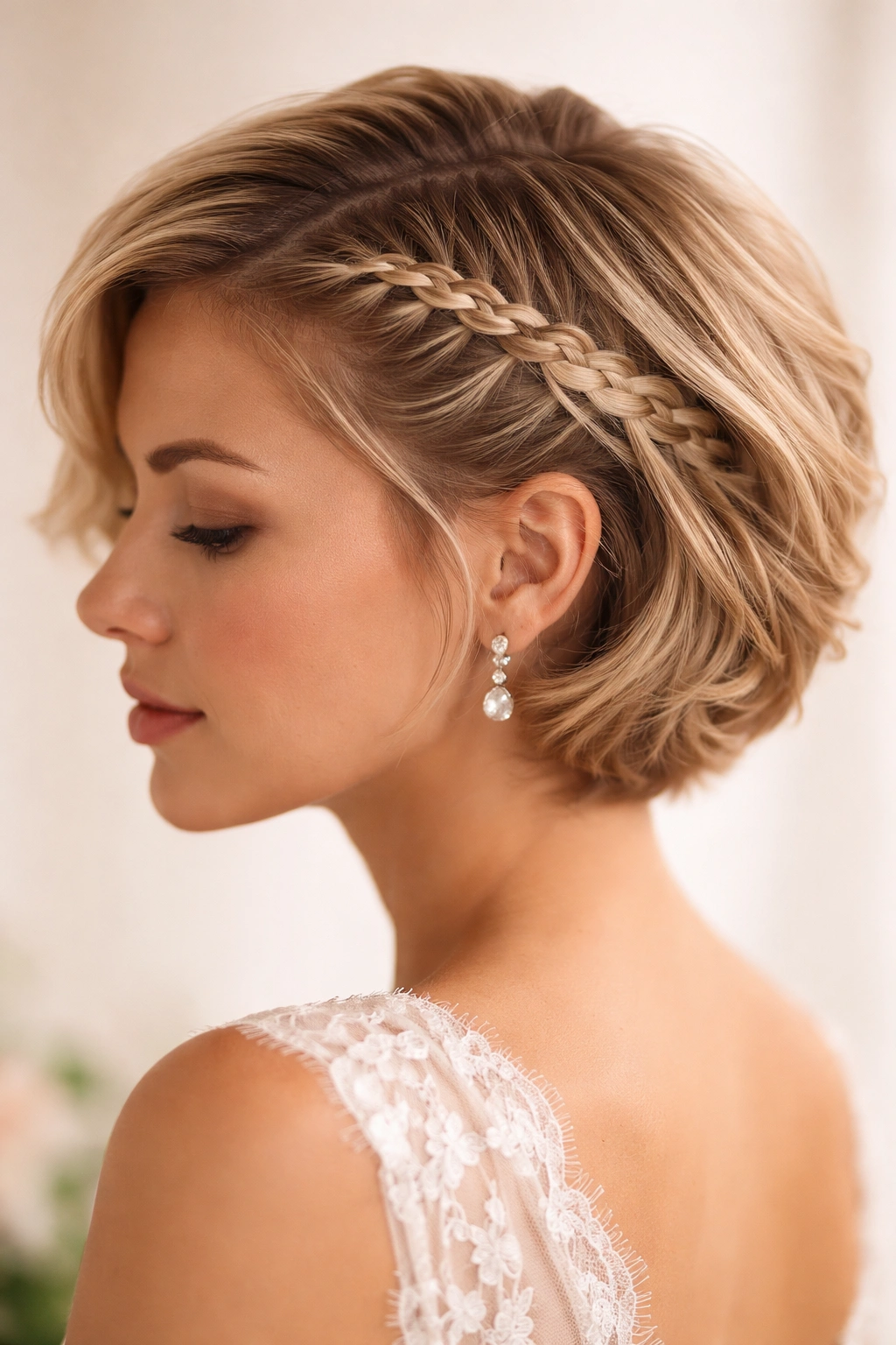 Close-up of short hair with a delicate braid accent along the scalp