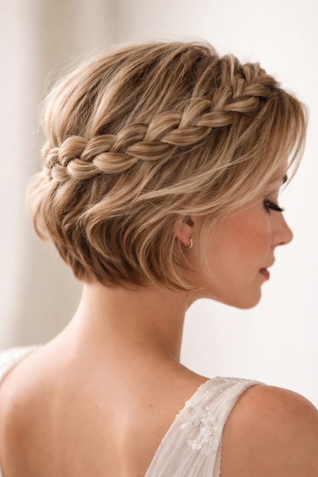 Short hair crown braid detail on bridal look