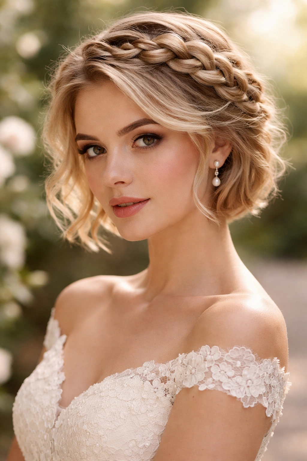 Bride with braided crown accent on short hair in soft lighting