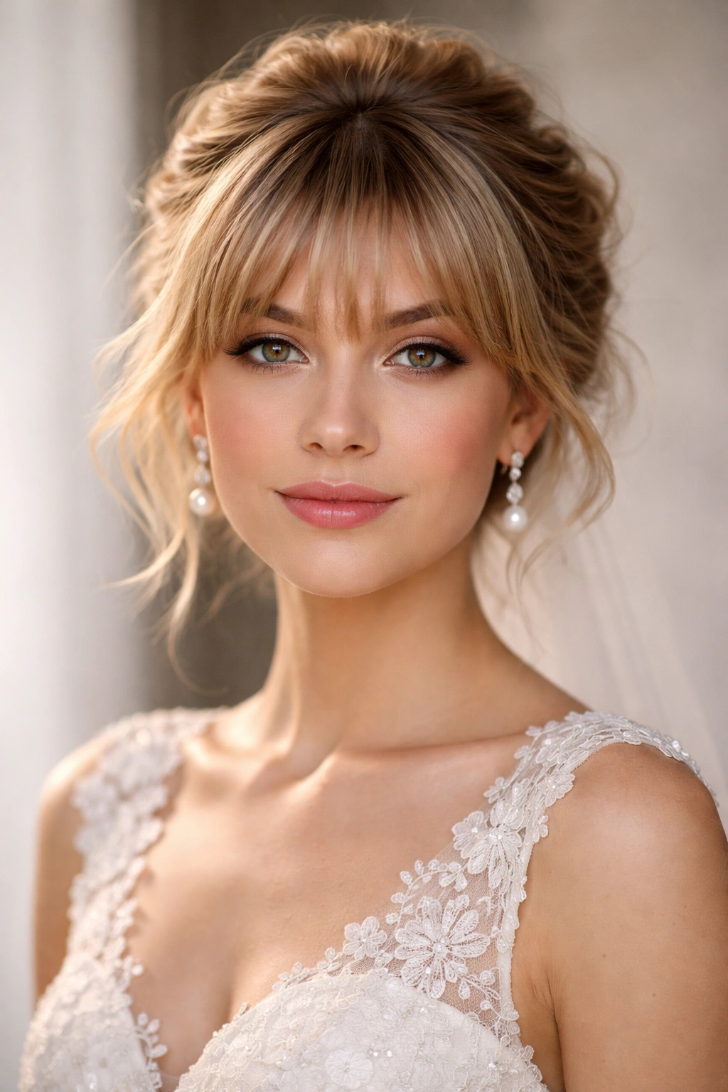 Bride with faux fringe and textured volume on short hair