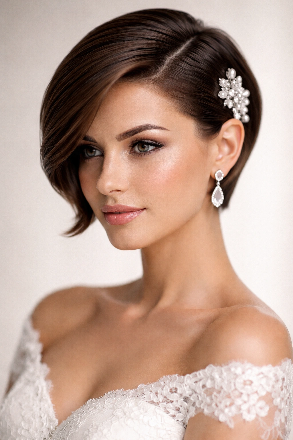 Close-up of a short-haired bride with a sleek glossy side-swept hairstyle