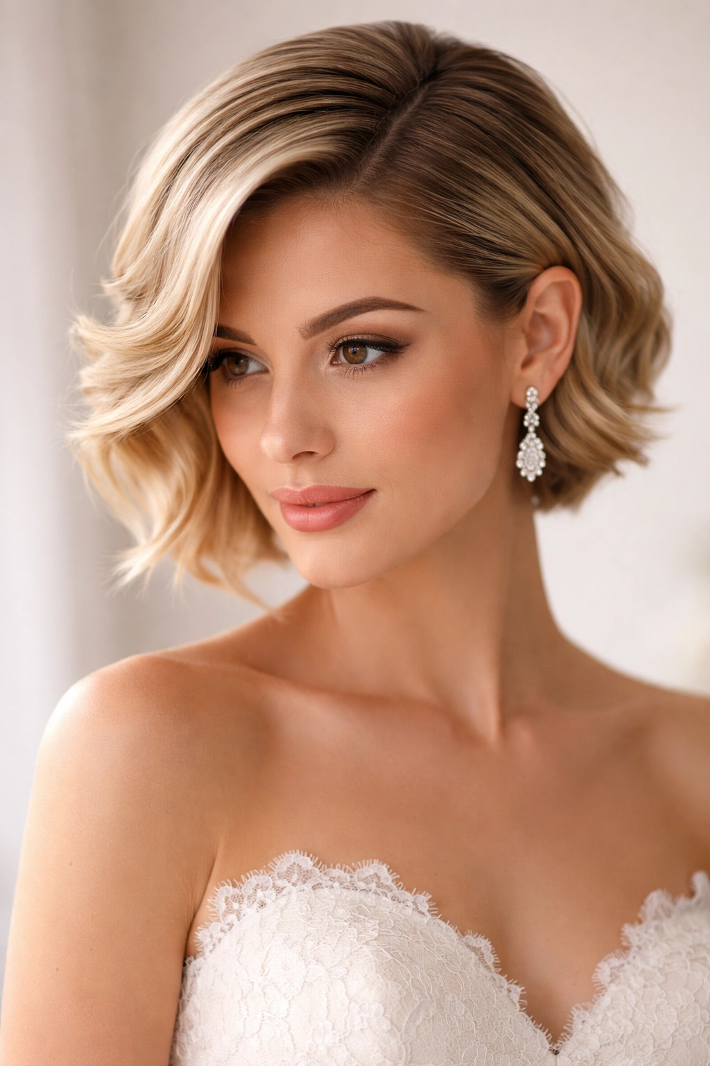 Close-up of a bride's short hair with a deep side part and soft swept waves