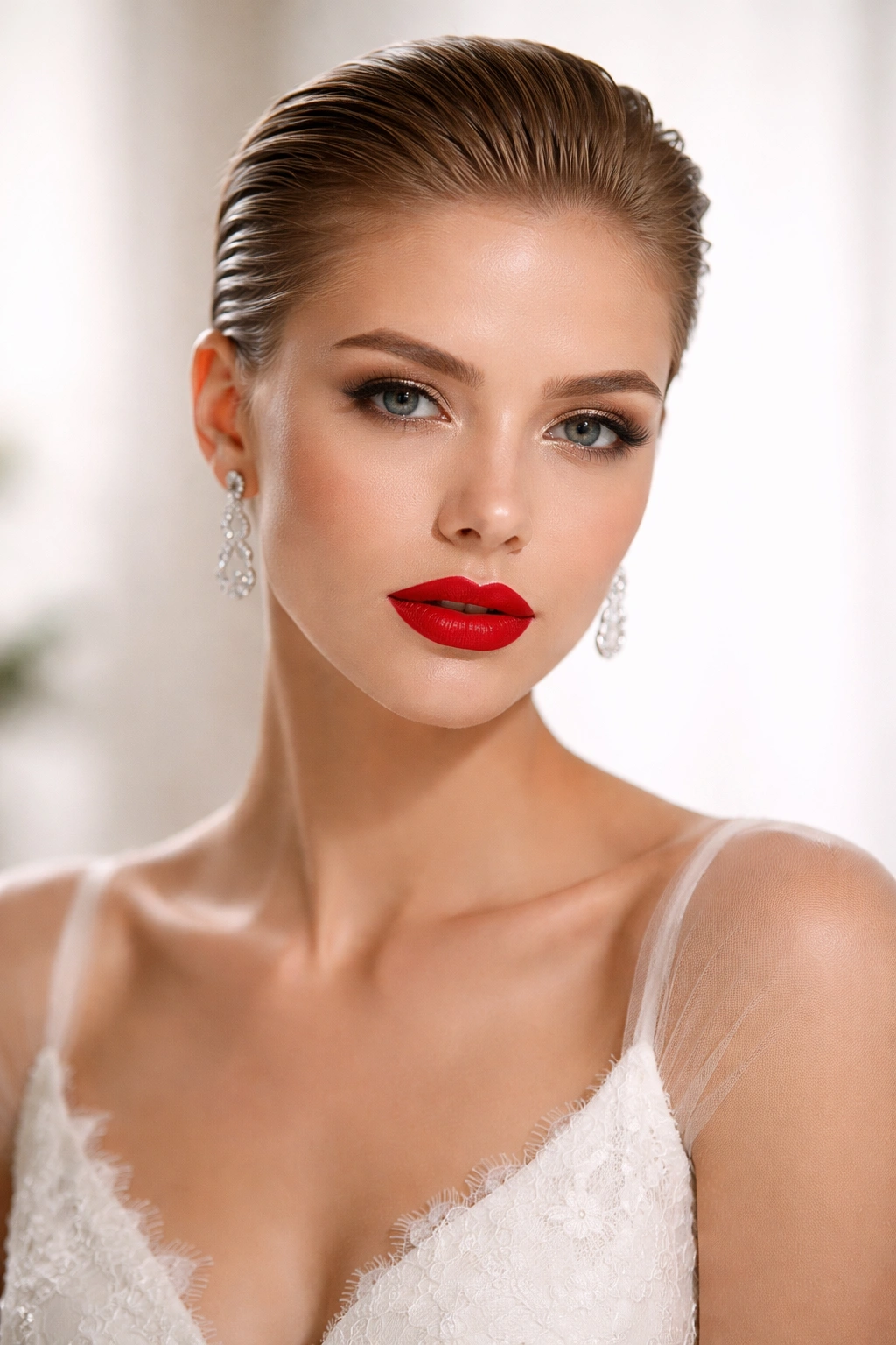 Bride with slicked-back minimalist hair and bold lip in a studio