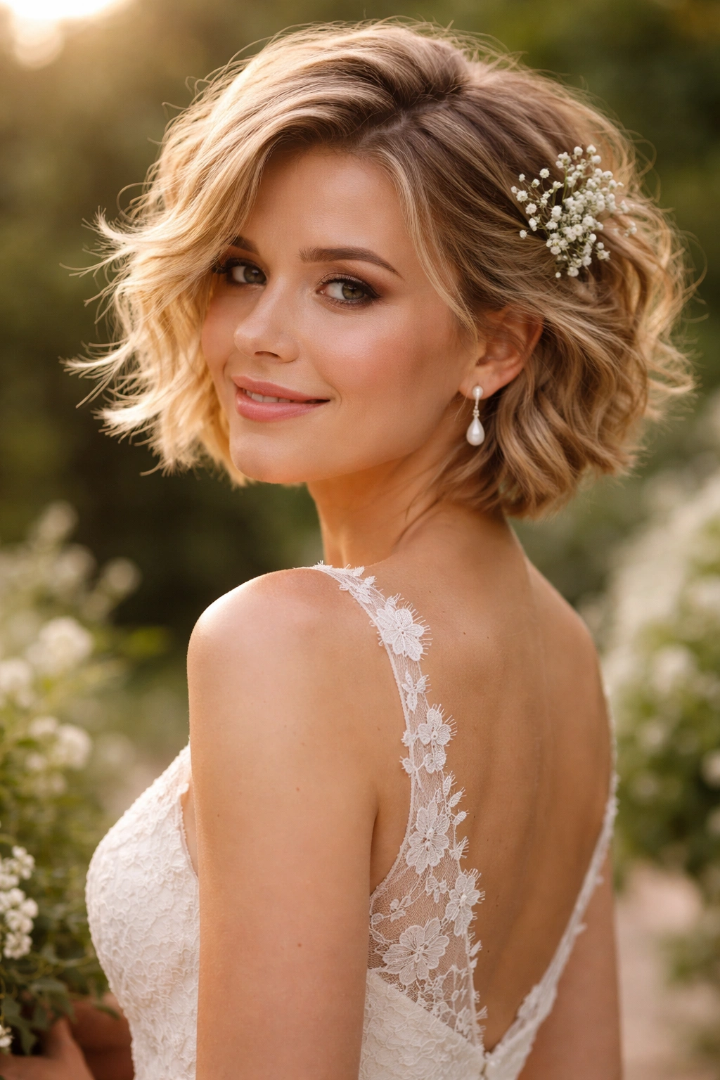 Mid-shot of a short-haired bride with textured tousled waves in a garden setting