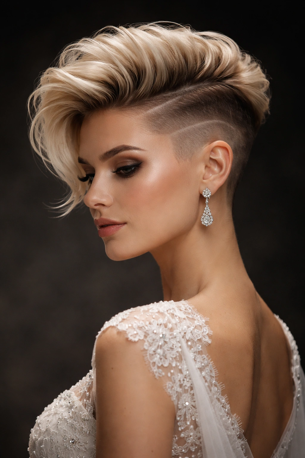 Close-up of a bride showing a sculptural undercut with a long top and high contrast
