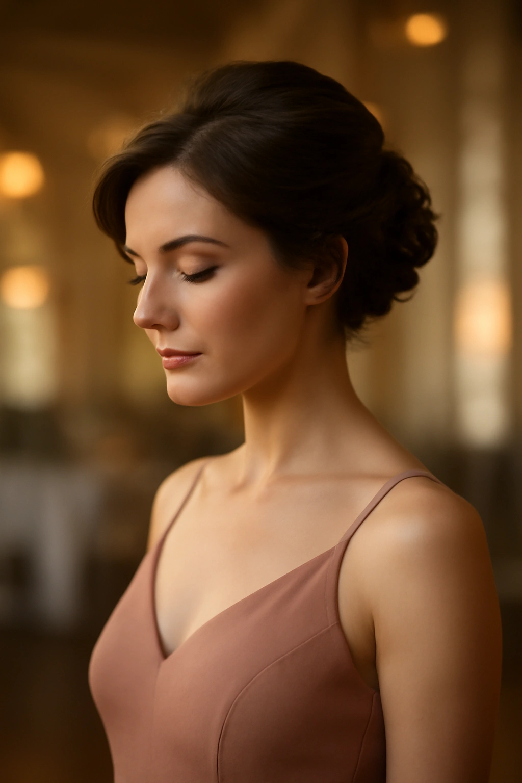 12 Bridesmaid Hairstyles That Flatter Short Hair 13 Bridesmaid with short elegant hair and soft makeup in a warm wedding venue, head-and-shoulders shot