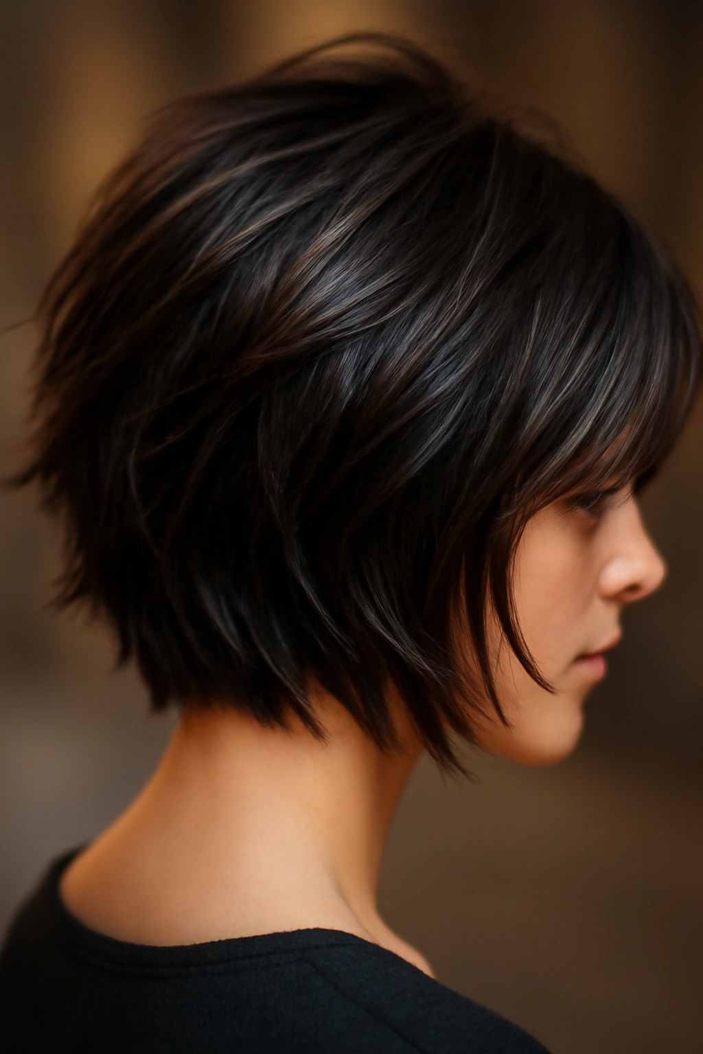 10 Gorgeous Night Out Hairstyles for Short Hair 7 Close-up of short hair with choppy layers and amplified shine in warm studio light