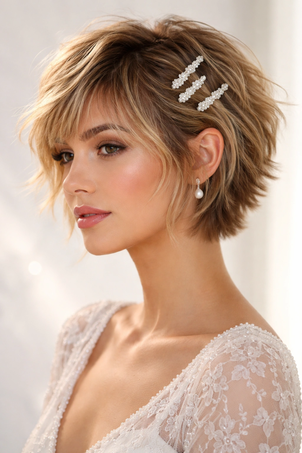 Close-up of a short shaggy hairstyle with decorative clips for wedding look