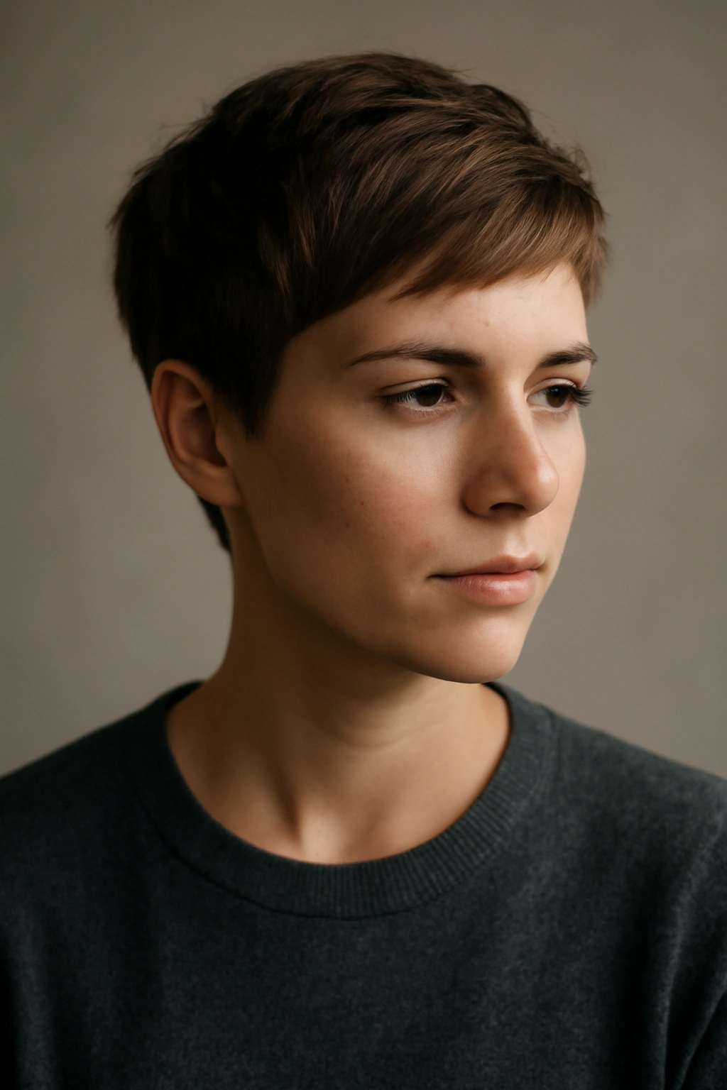 25 Short Hairstyles That Will Instantly Upgrade Your Look 26 Contemplative portrait of a person with a modern short hairstyle against a neutral background