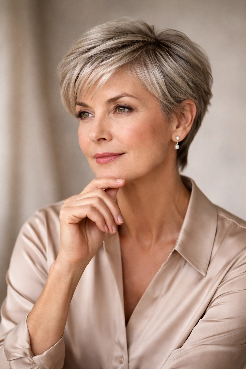 Portrait of a 60-year-old woman with a short chic haircut in a neutral studio, thoughtful expression.