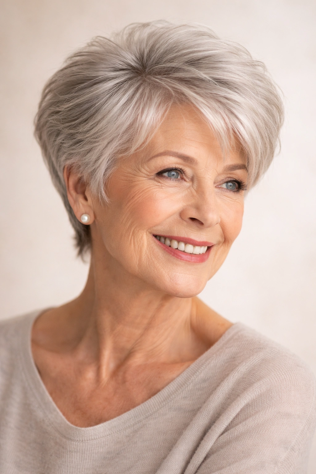 Close-up of an elderly woman with a textured short gray hairstyle showing crown lift