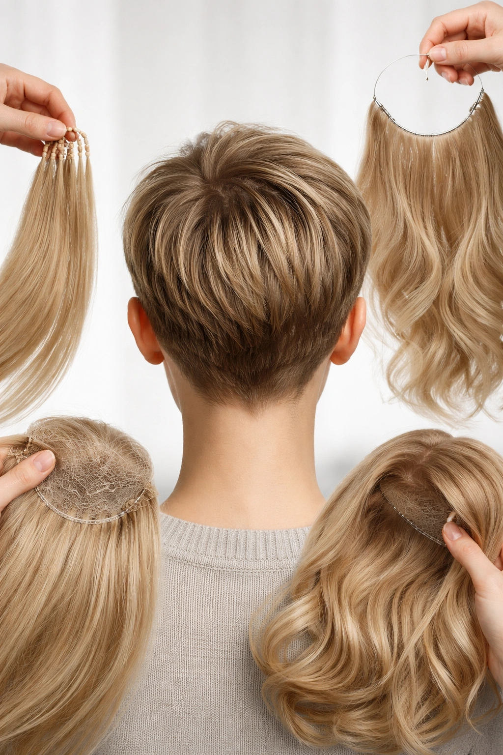 Close-up of short pixie-cut head showing crown area for short-hair extension options
