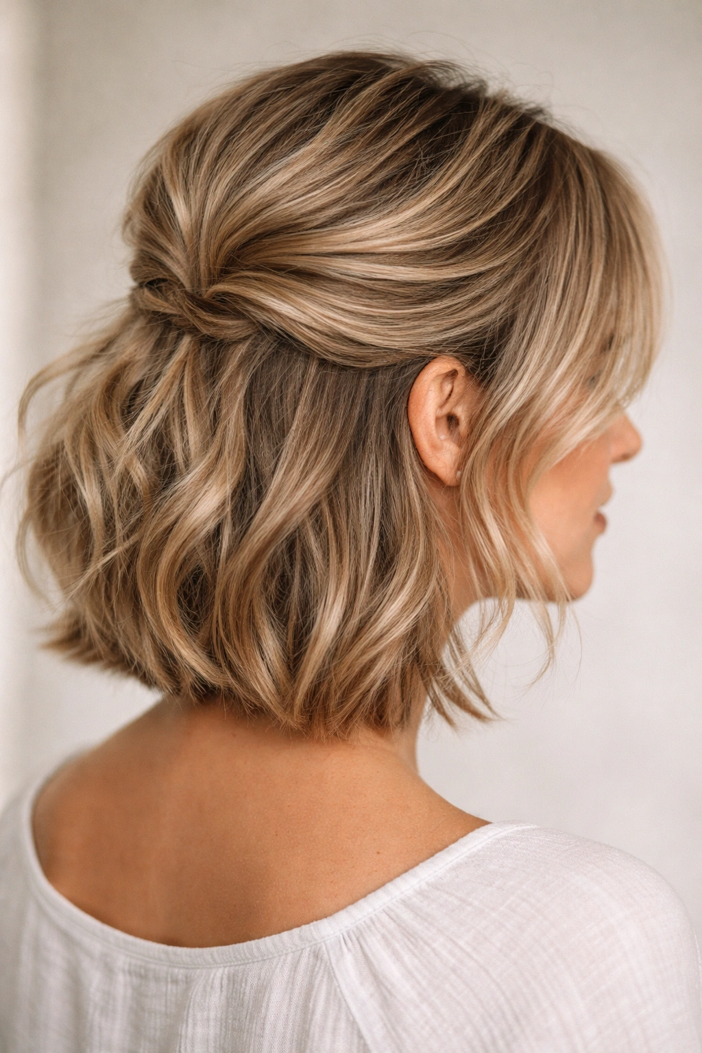 15 Easy Updos That Actually Work On Short Hair 4 Half-up hairstyle on short hair with textured crown and loose bottom