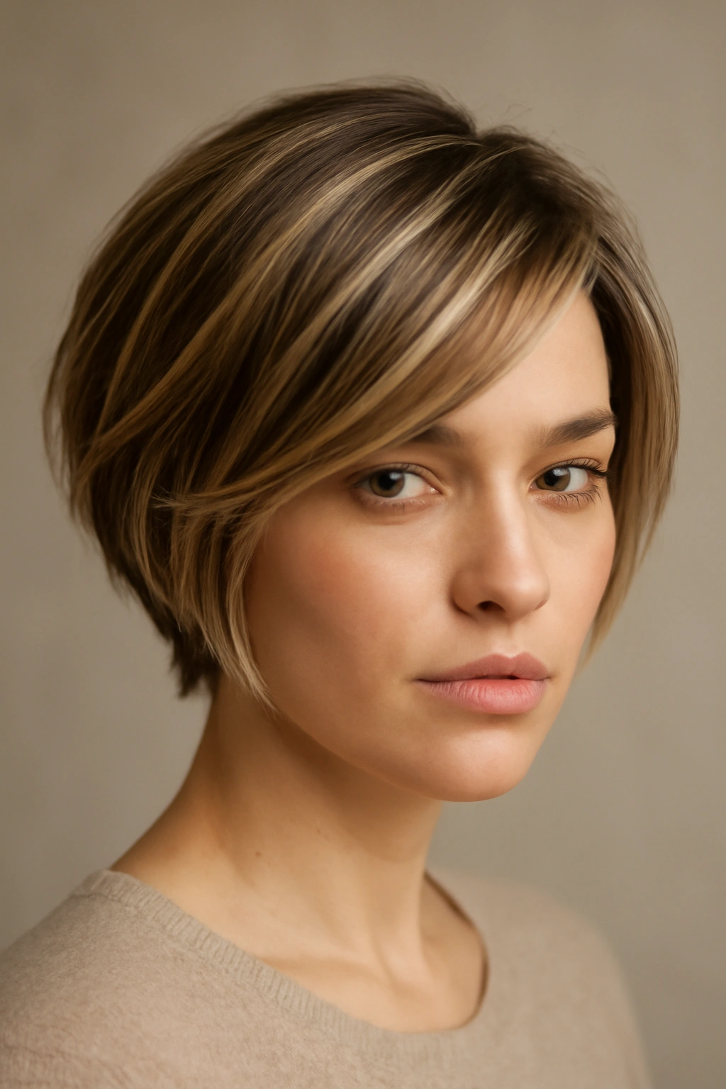 12 Short Haircuts With Highlights That Truly Stand Out 13 Close-up portrait of a person with a chic short haircut and dimensional highlights in a studio.