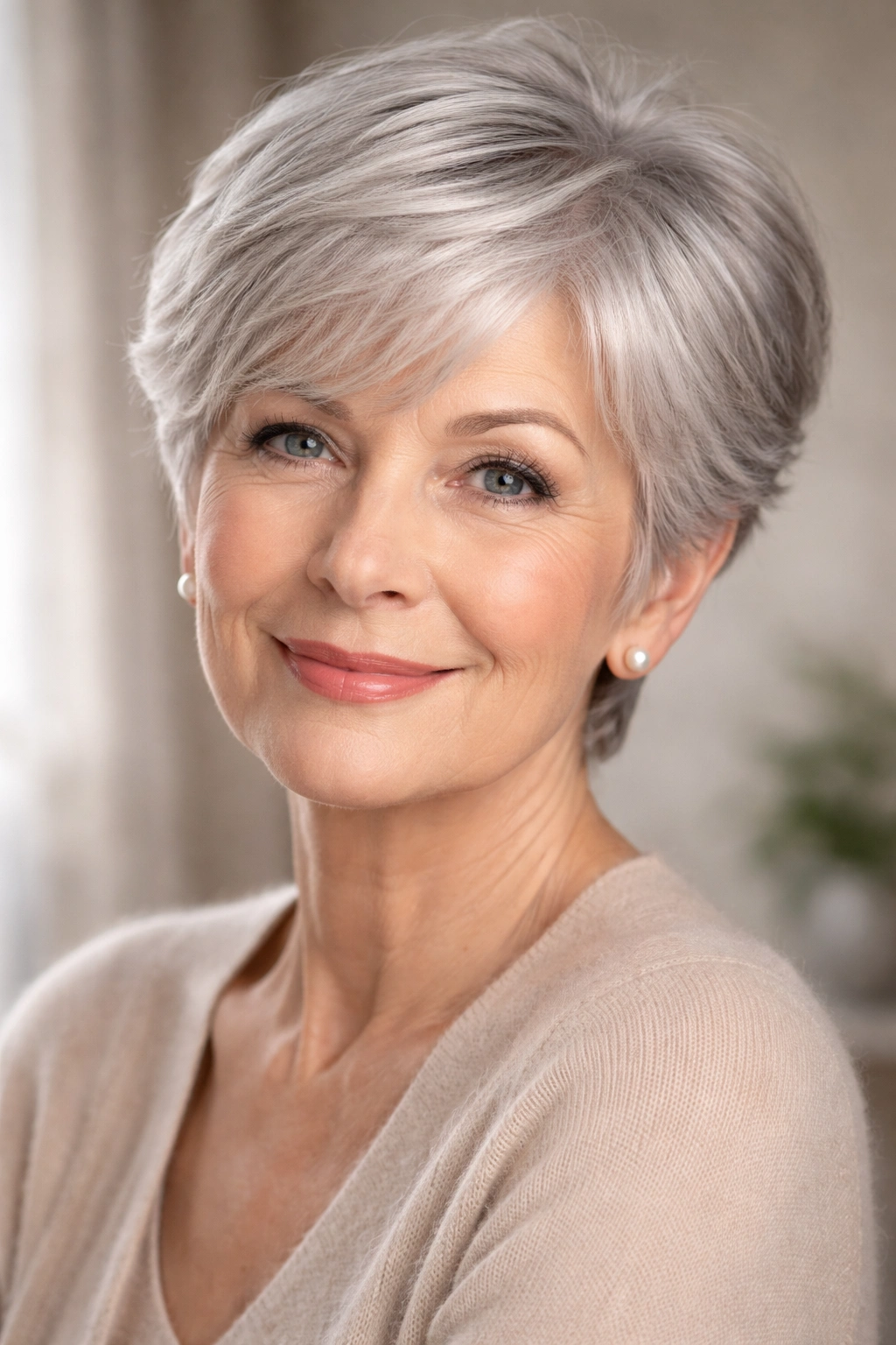 Portrait of an older woman with a chic short haircut and silver hair in studio.