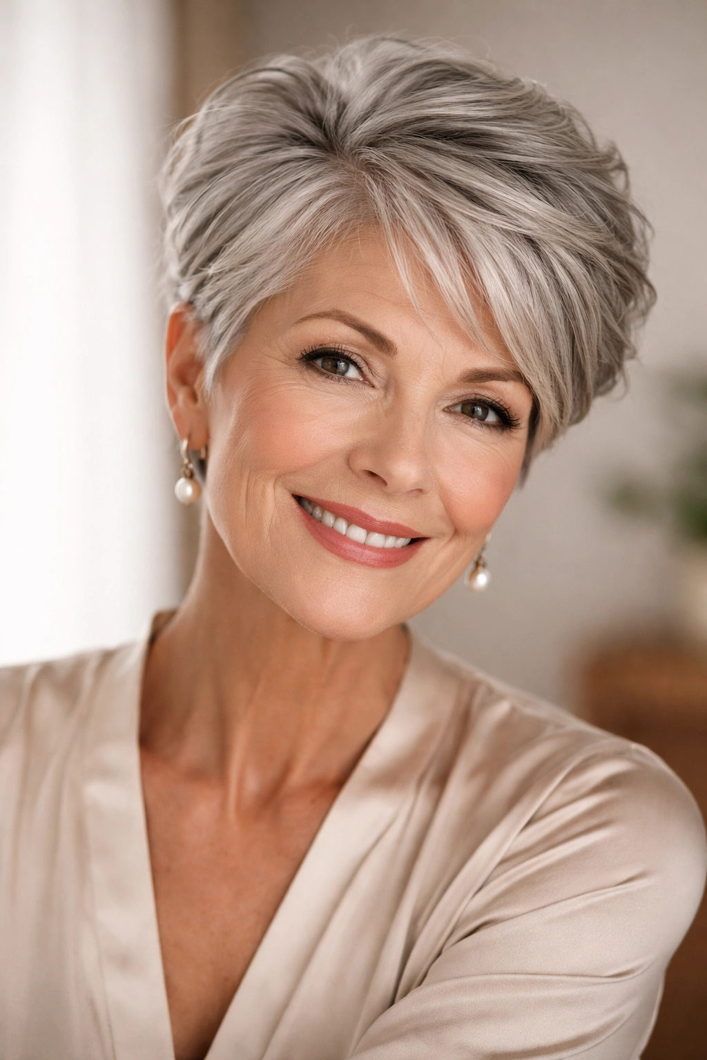 Mature woman with a short, voluminous haircut highlighting crown