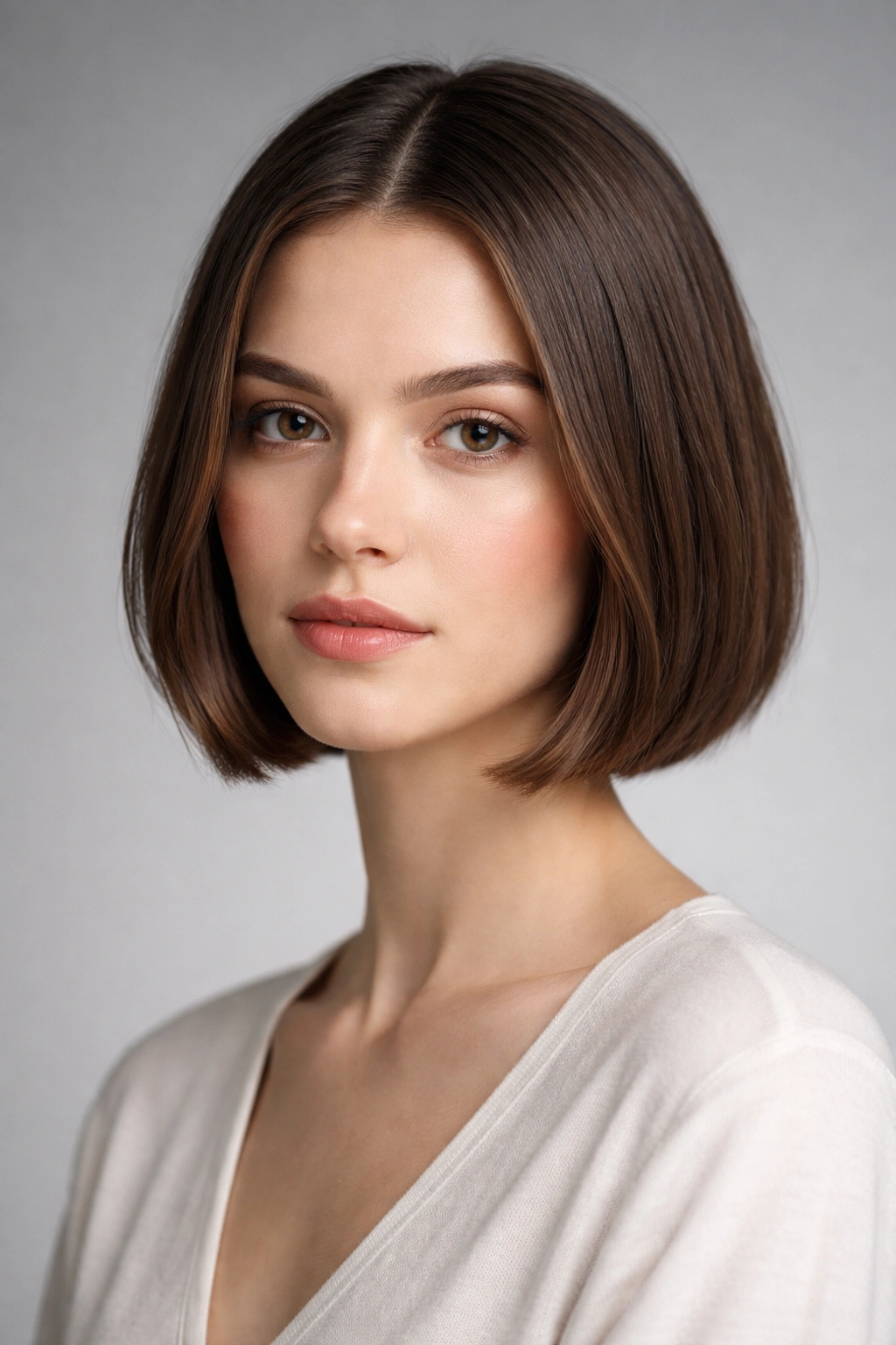 Portrait of a person with a middle-part short haircut in a minimalist studio setting.