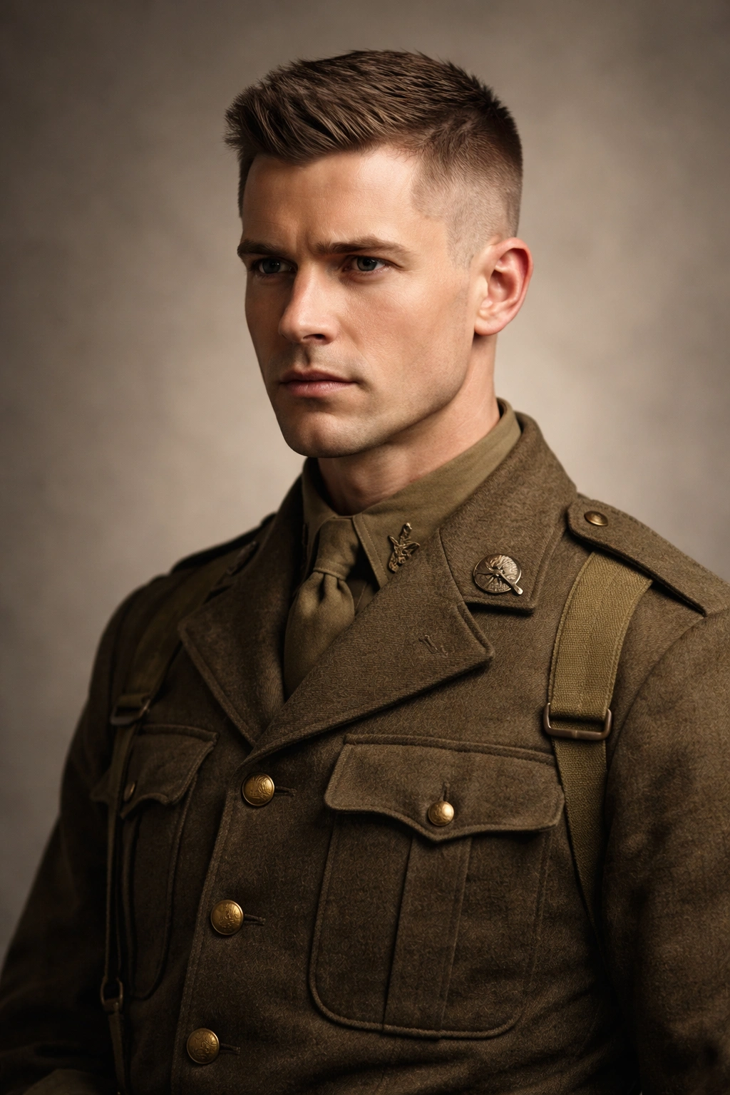 Portrait of a man with a short military-style haircut in a neutral studio backdrop
