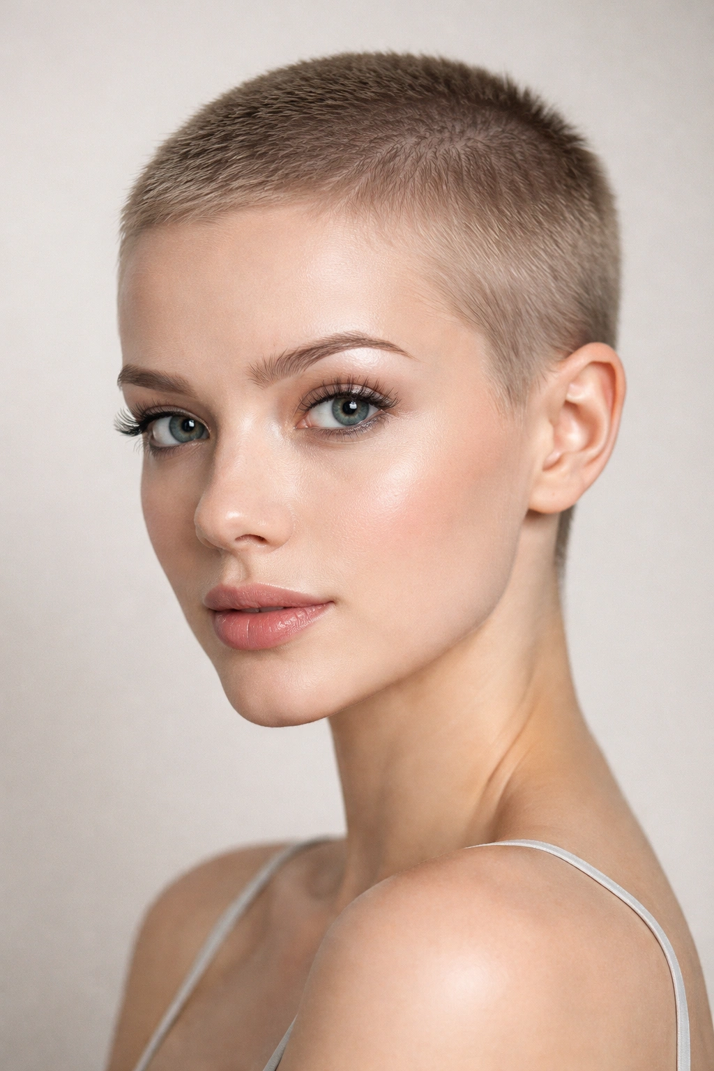 Close-up of a model with a very short pixie cut, illustrating hair length too short for traditional extensions