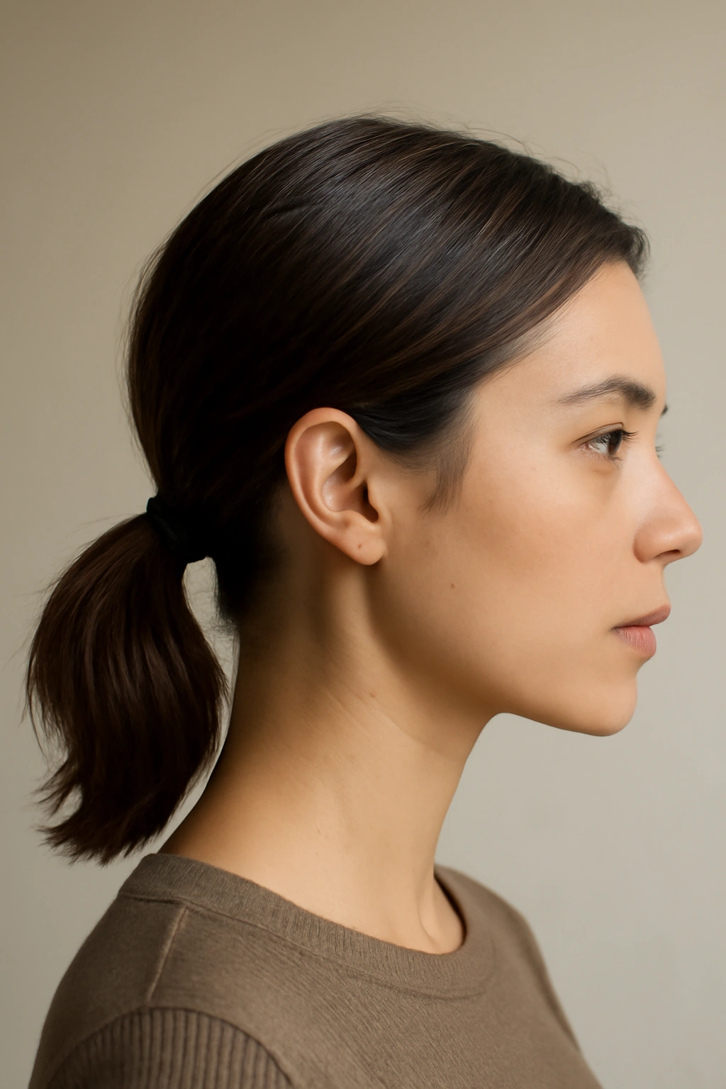 10 Short Hair Ponytail Styles That Last All Day 1 Close-up of a short hairstyle in a sleek low ponytail with textured finish