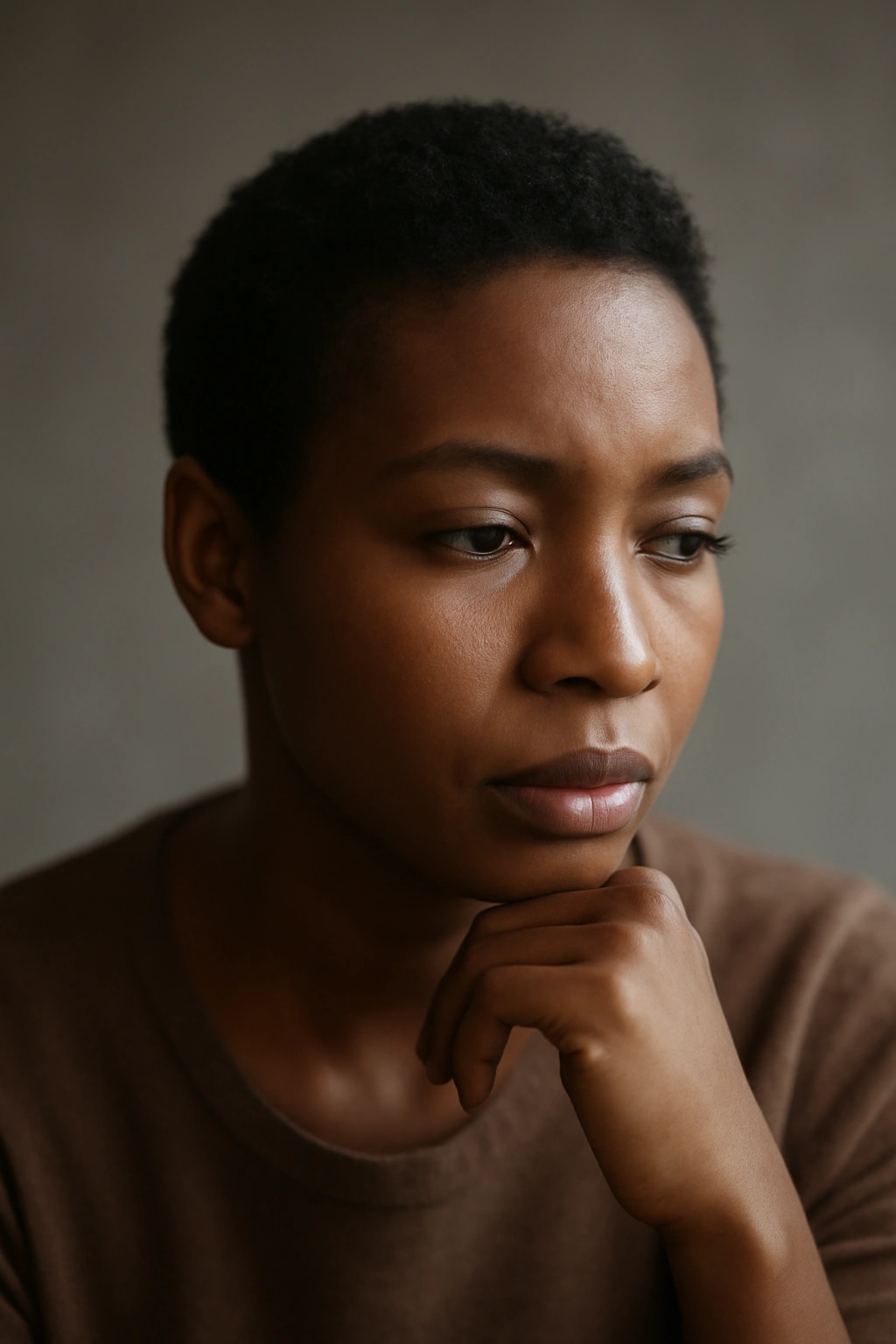 12 Short Haircuts Every African Woman Should Try 13 Close-up portrait of a Black woman with short natural hair in a thoughtful pose against a neutral backdrop