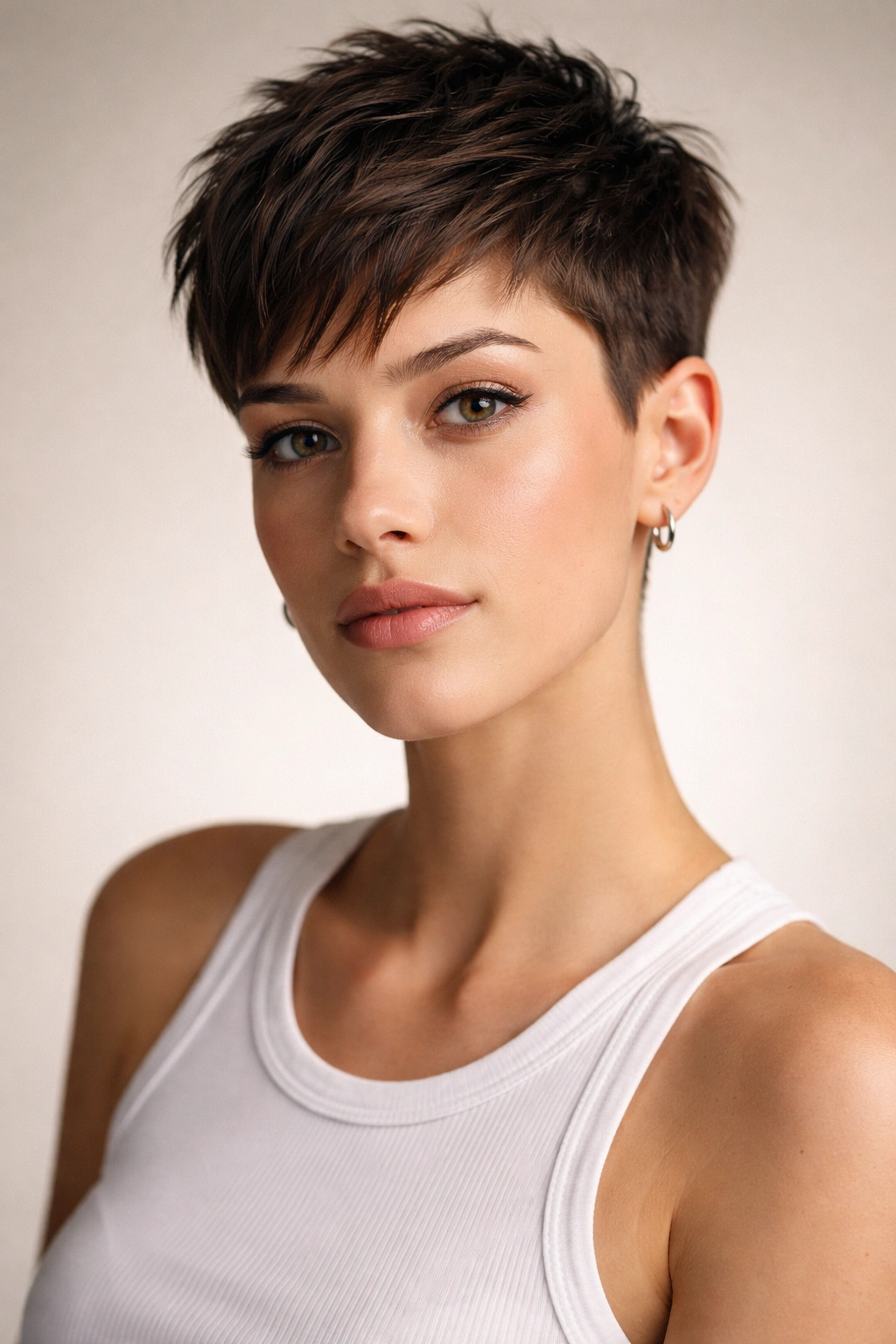 Close-up portrait of a woman with a short boyish haircut in a neutral studio setting