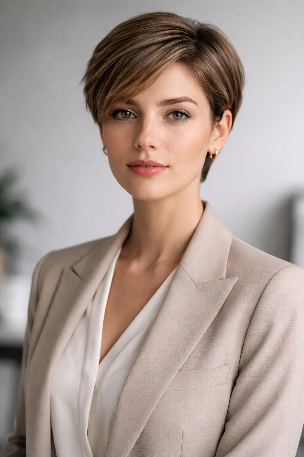 Close-up portrait of a person with a chic short haircut against a neutral studio backdrop