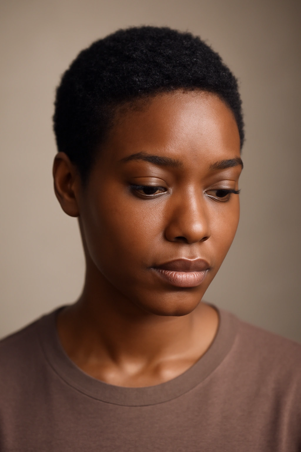 12 Short Relaxed Hairstyles Black Women Will Love 13 Close-up portrait of a person with a short relaxed hairstyle in a soft-lit studio