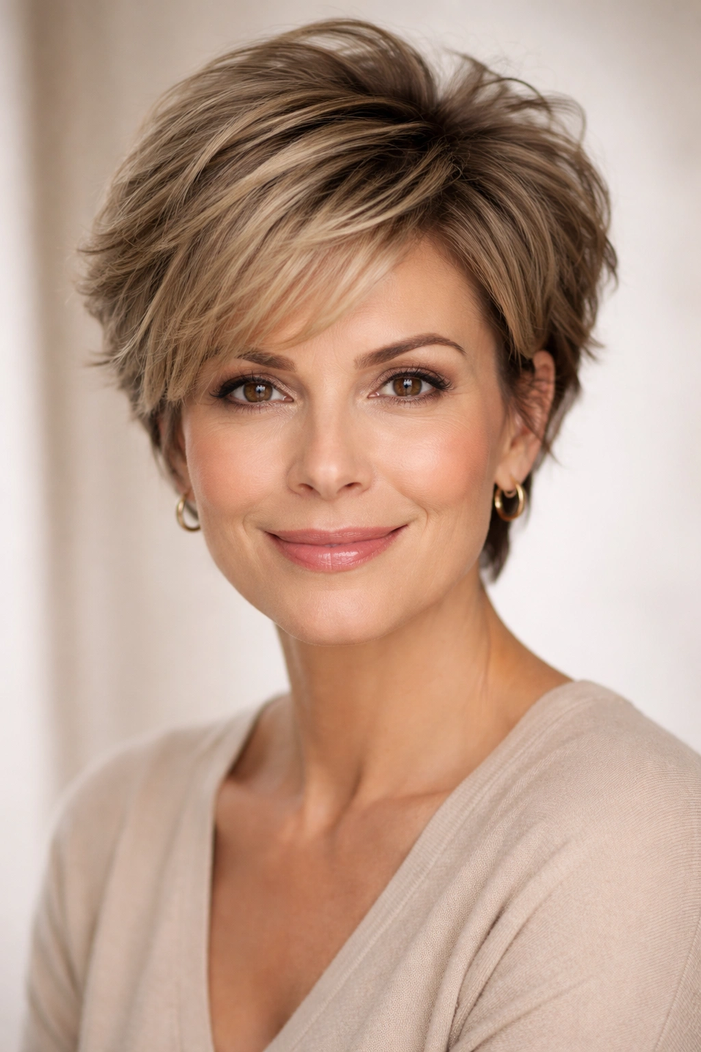 Mature woman with chic short hairstyle, round face, polished look in studio portrait
