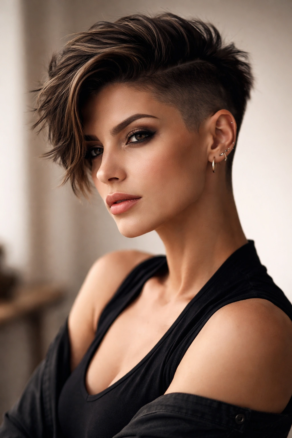 12 Short Haircuts With Shaved Sides For Bold Women 13 Thoughtful portrait of a bold woman with a shaved-sides short haircut, emphasizing haircare style