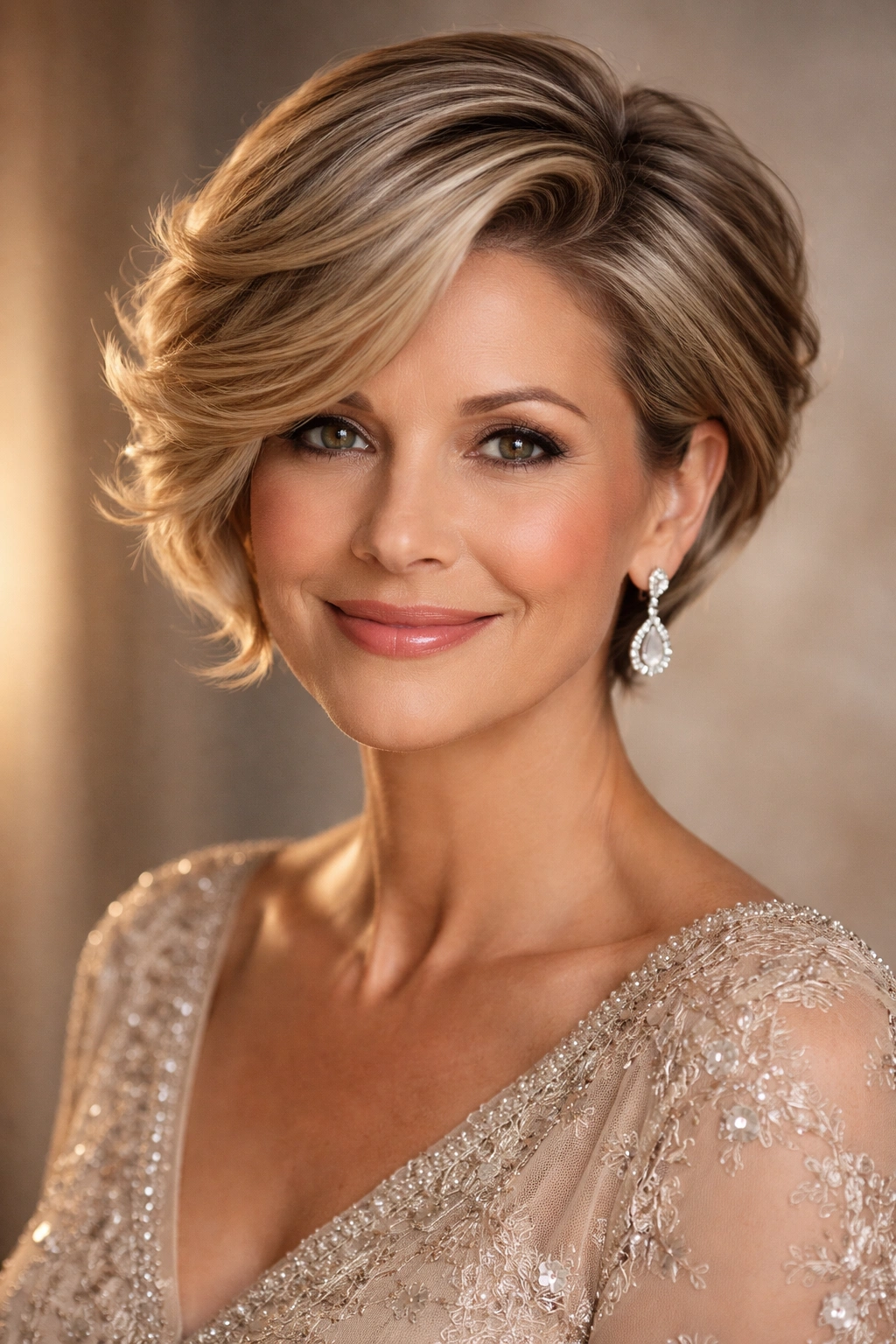 Close-up portrait of short hair swept to one side with soft waves framing the face