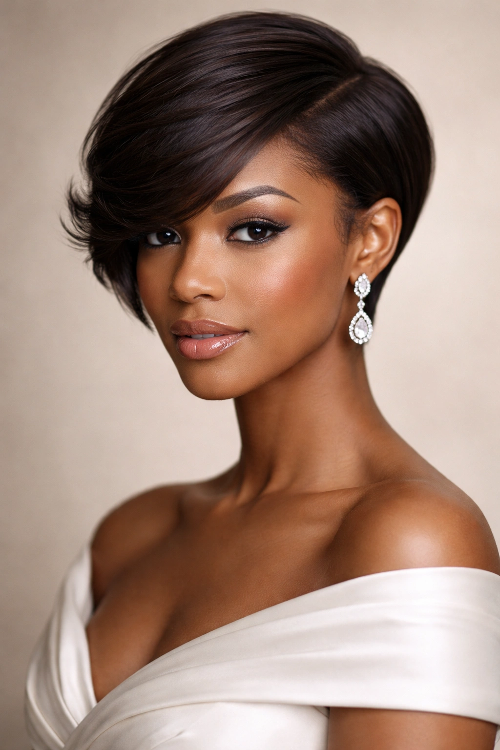 Portrait of a person with a classic side-swept short cut showing asymmetry and smooth forehead sweep