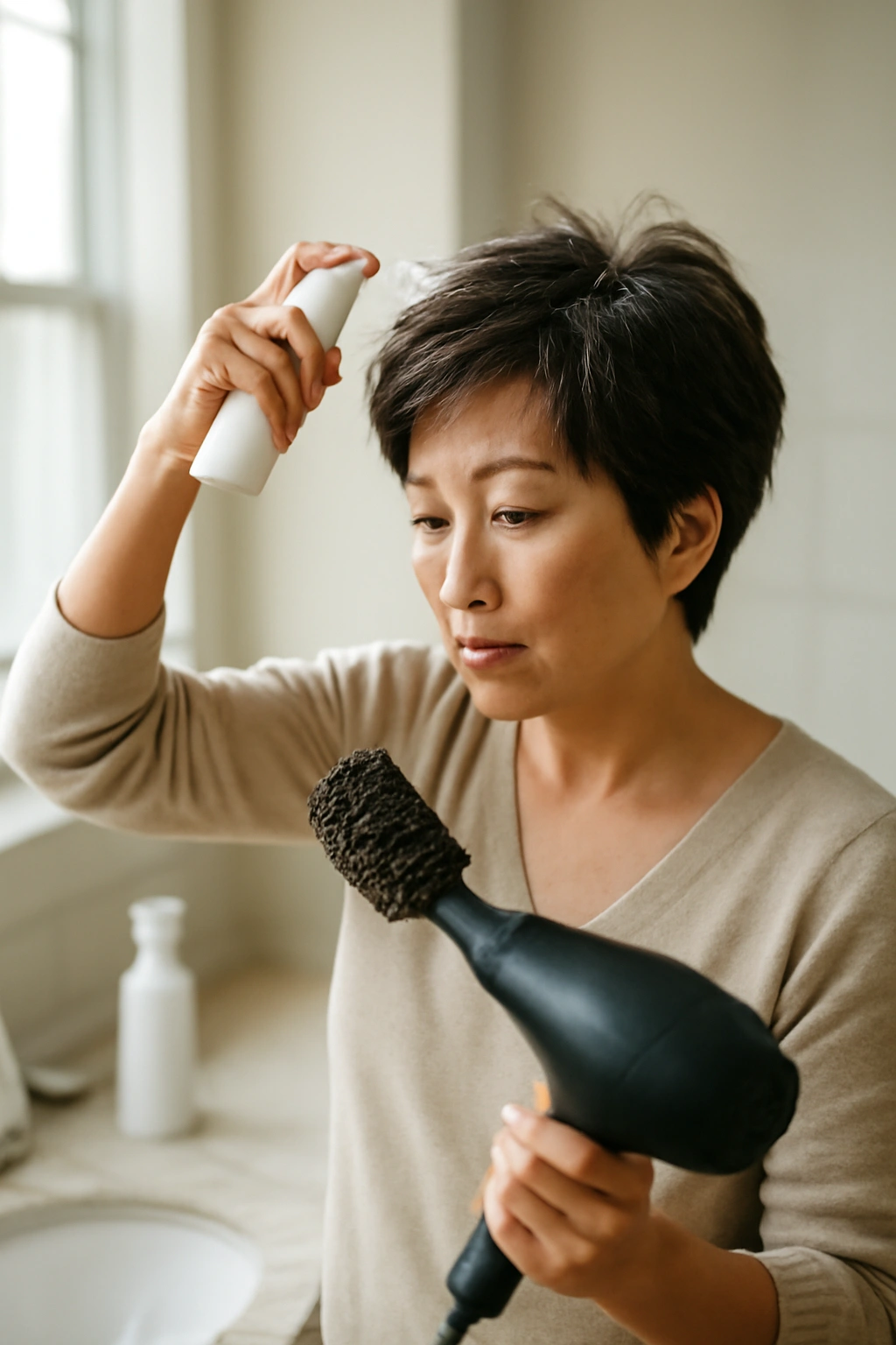 10 Short Haircuts for Asian Women Over 50 to Try 14 Person styling short hair at home with blow-dryer, brush, and product
