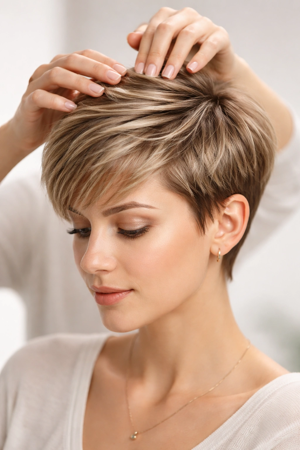 Close-up of a short hairstyle with smooth flyaways and subtle texture in a studio