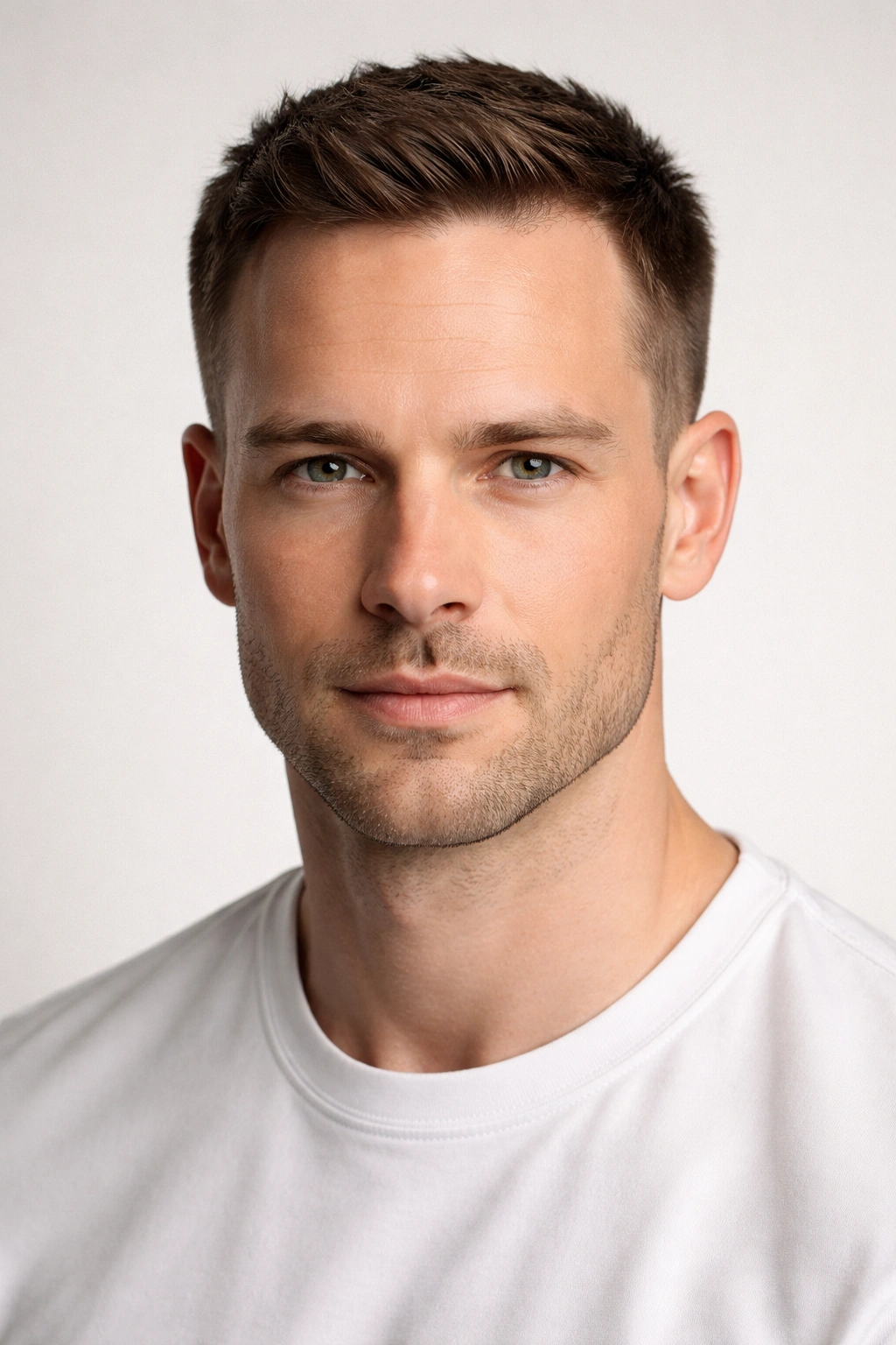 Man with short hair and low taper around ears with subtle top volume.