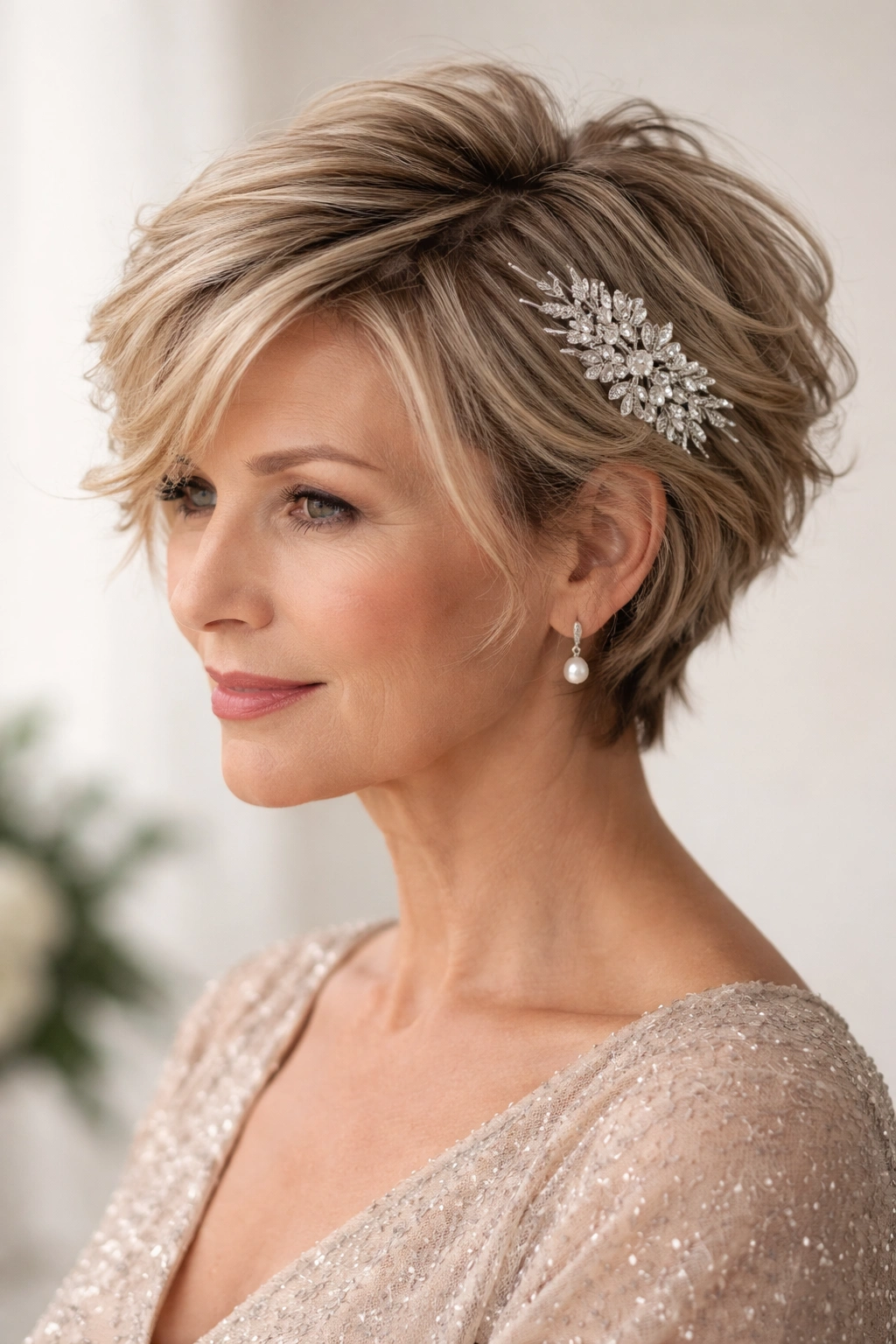 Side view of textured short hair with a decorative comb