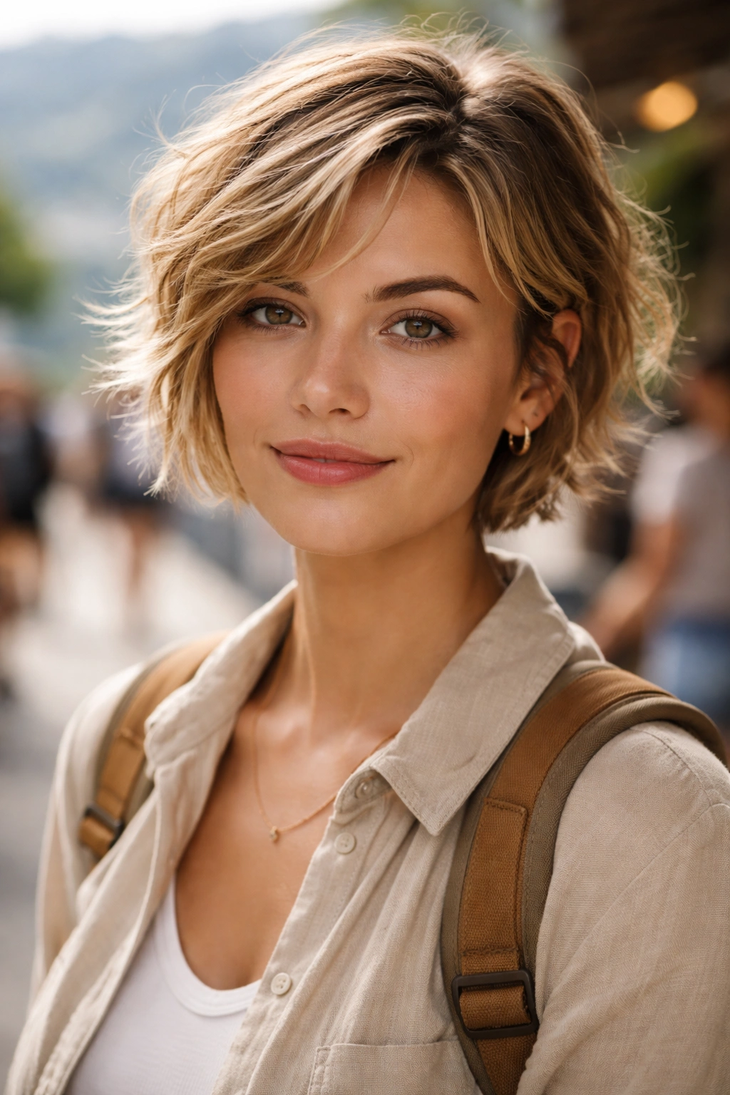 Close-up showing natural texture in a travel-friendly short haircut