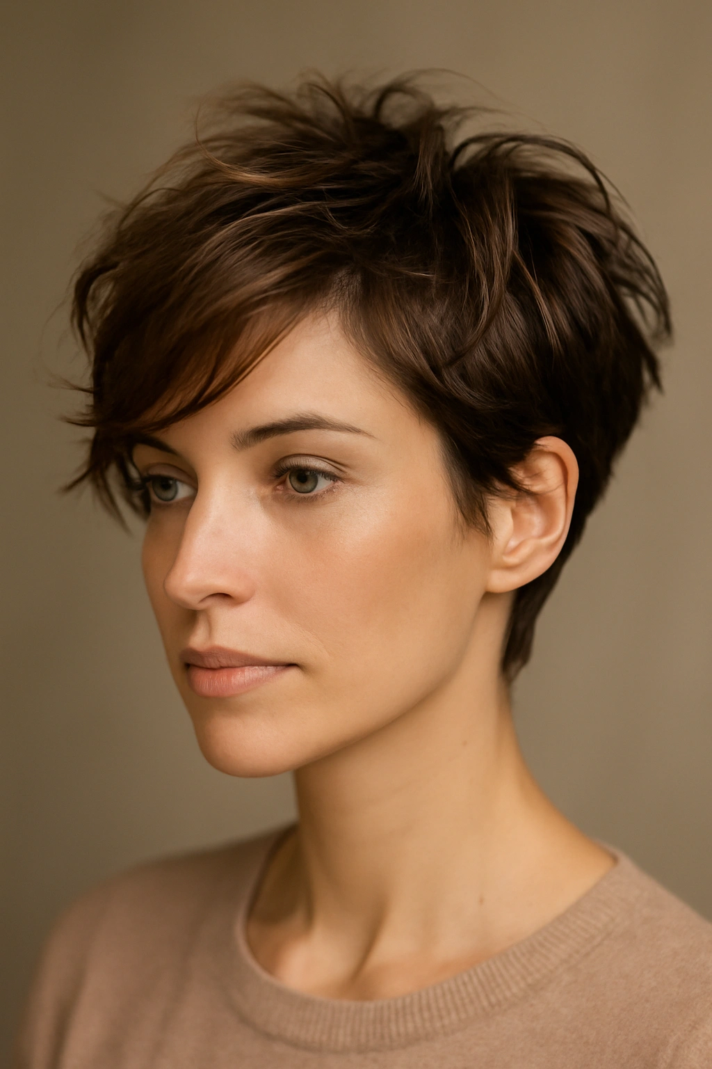 10 Date Night Hairstyles That Suit Short Hair 1 Close-up of a short textured tousle with a side-swept face frame.