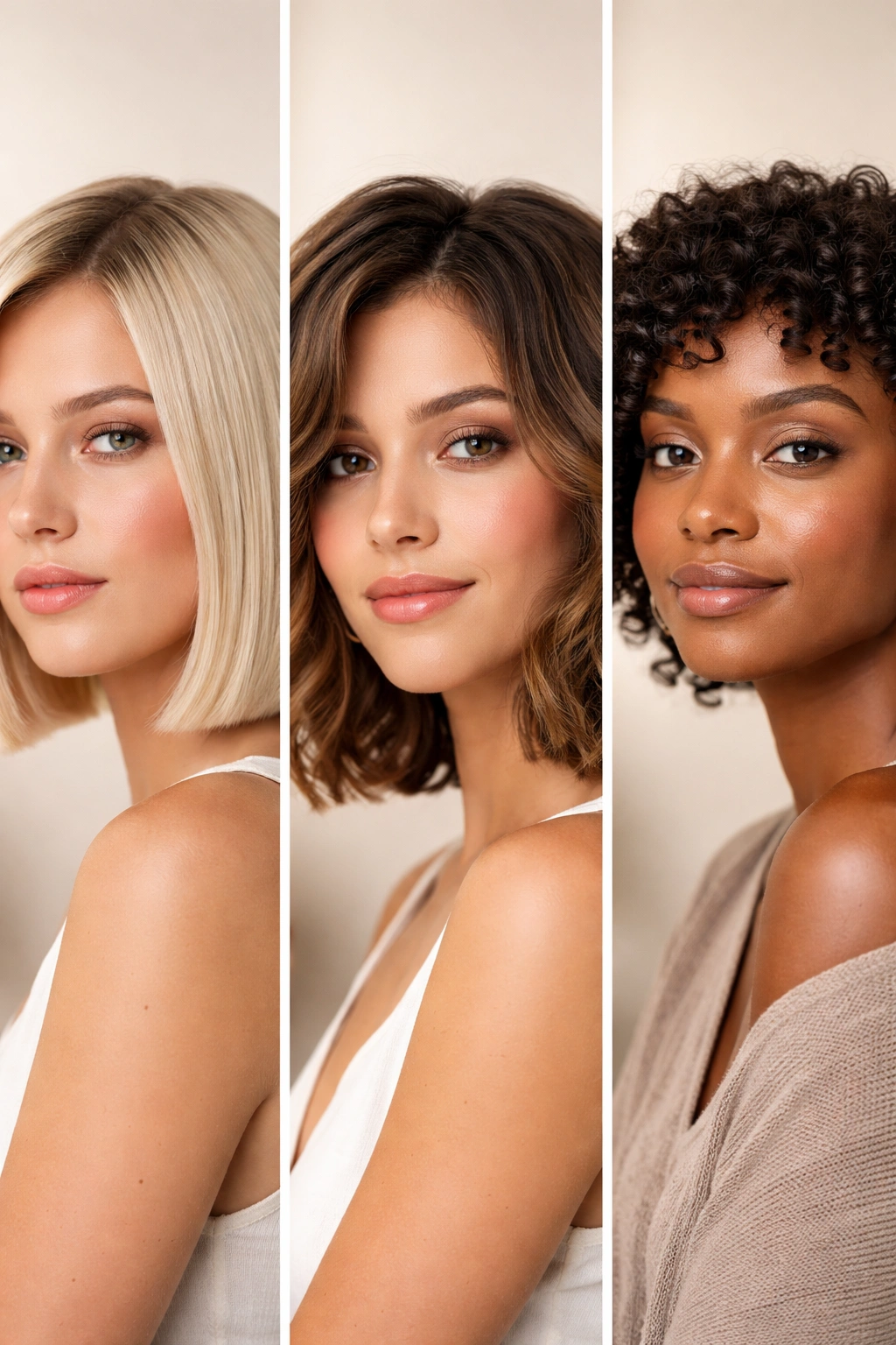 Close-up collage showing straight, wavy, and curly short hair textures