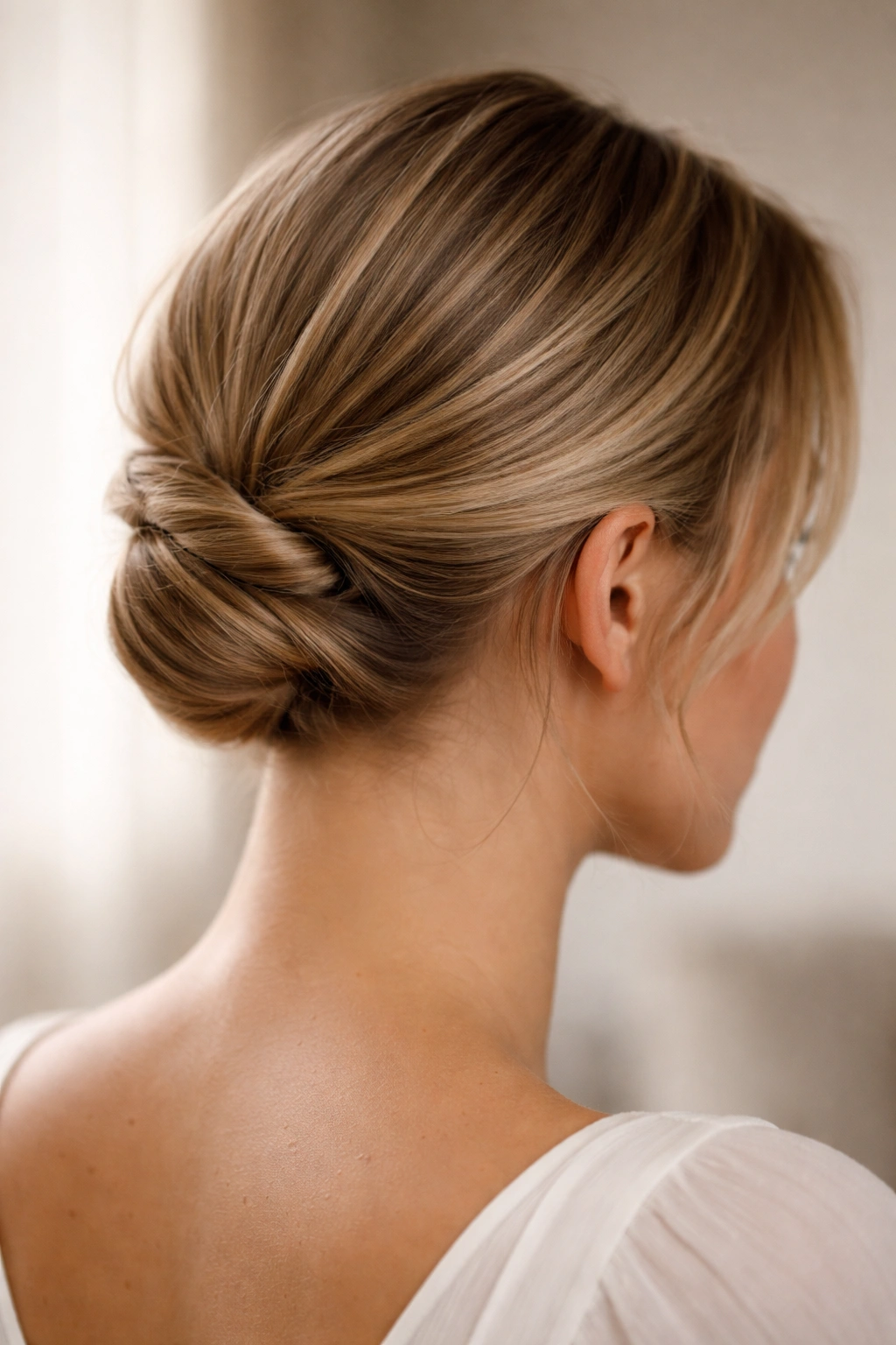 15 Easy Updos That Actually Work On Short Hair 1 Close-up of a chin-length bob styled into a sleek low updo at the nape with twisted strands