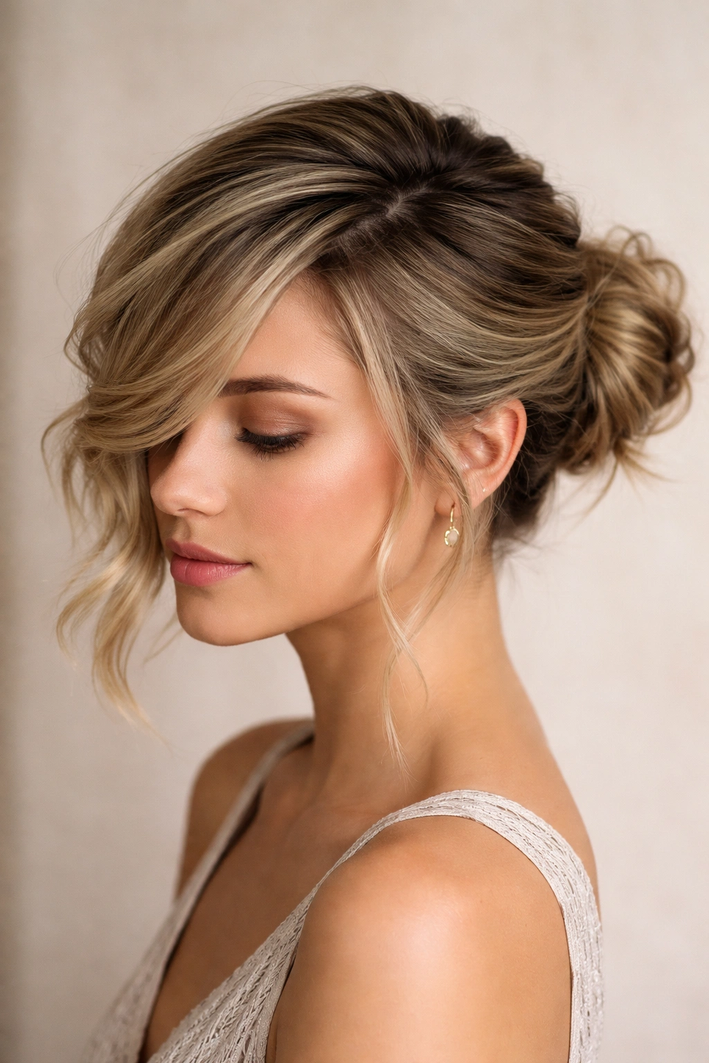 Close-up of a short hairstyle featuring a textured side-swept updo with a small side bun.