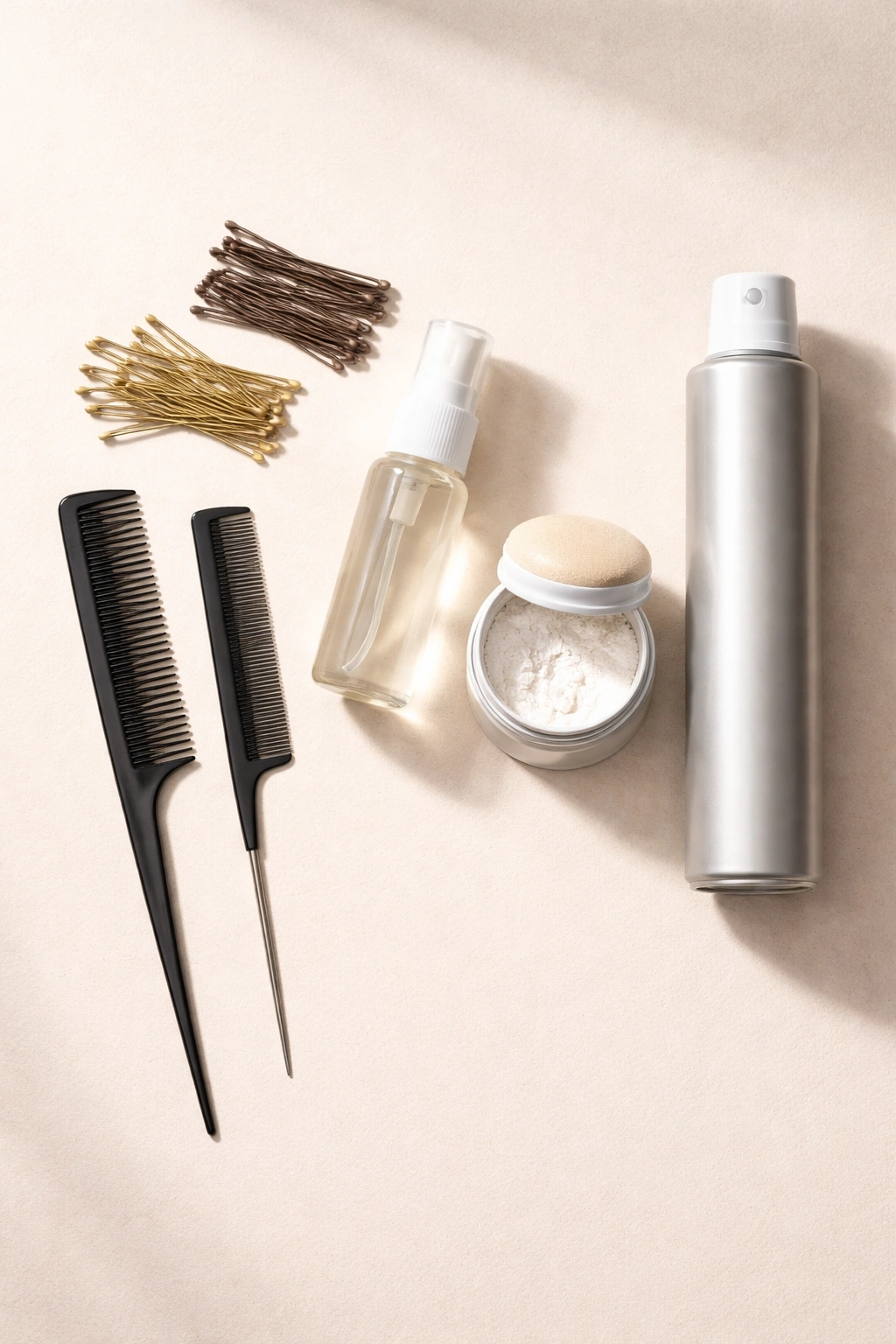 15 Easy Updos That Actually Work On Short Hair 2 Flat lay of hair tools and products for short-hair updos with no visible branding