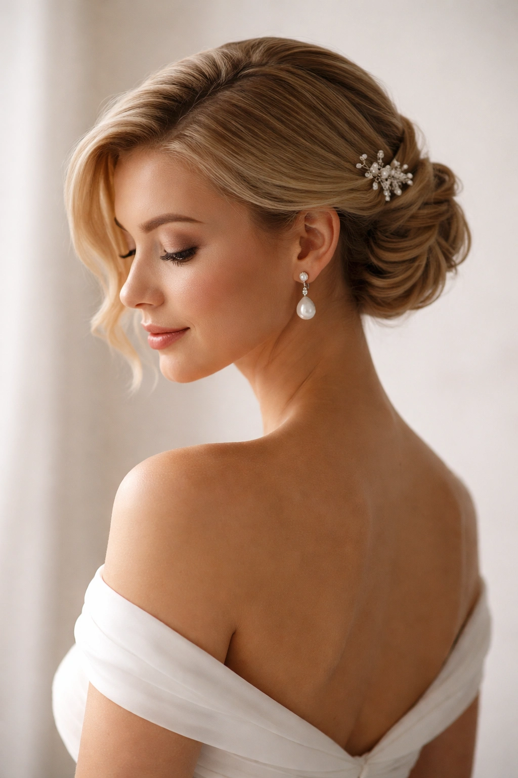 Bride with short hair in an elegant updo, studio portrait highlighting hairstyle