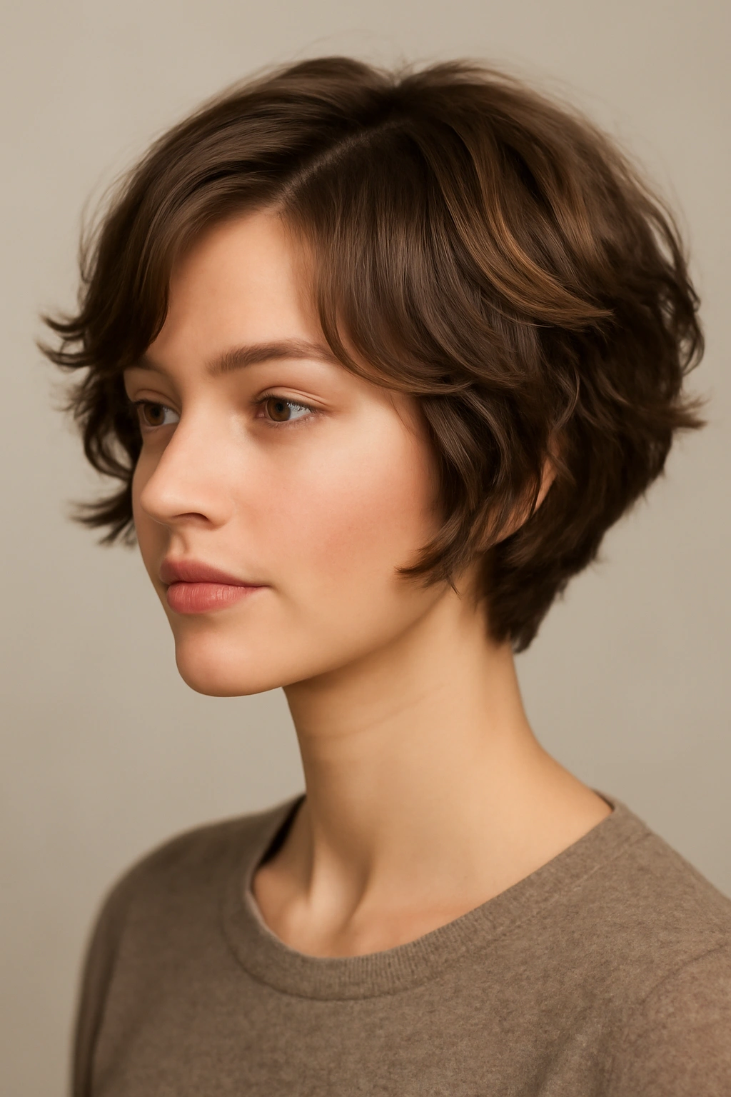 25 Short Hairstyles That Will Instantly Upgrade Your Look 25 Close-up of a short romantic hairstyle with soft waves and blended layers in a studio portrait