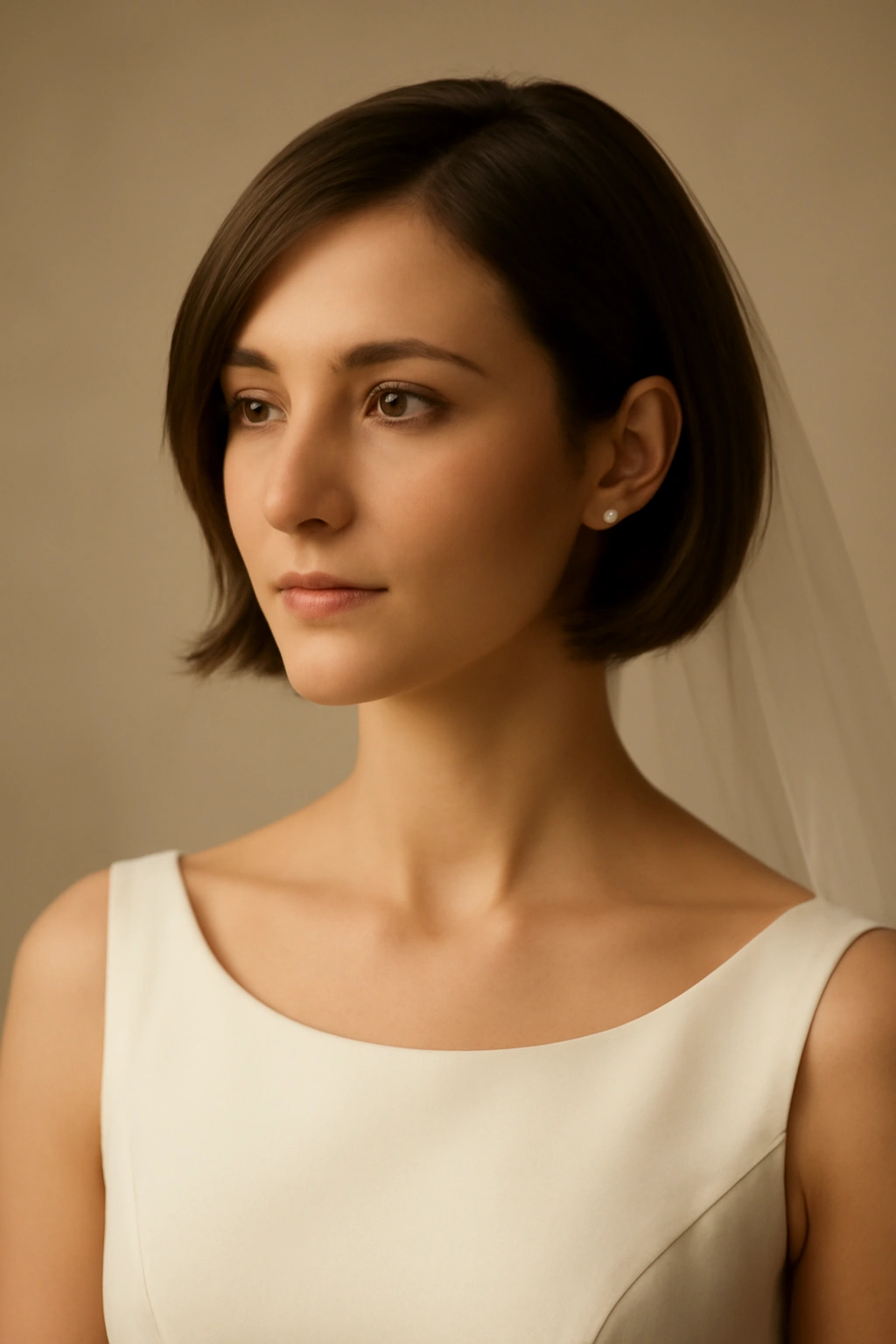 18 Wedding Hairstyles That Look Amazing on Short Hair 19 Close-up portrait of a bride with a short chic hairstyle under warm studio lighting