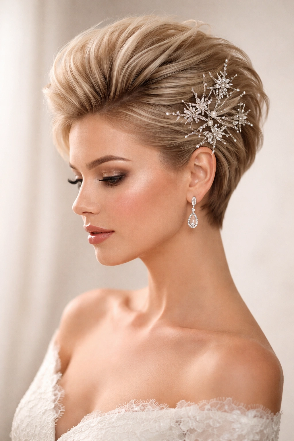 Close-up of blown-out crown-volume hairstyle with hair jewelry on short hair