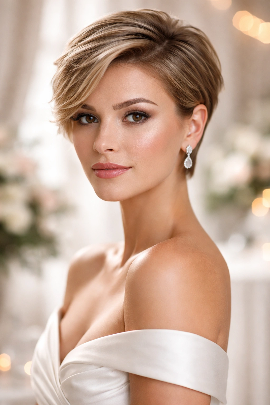 Close-up portrait of a woman with short hair and polished makeup
